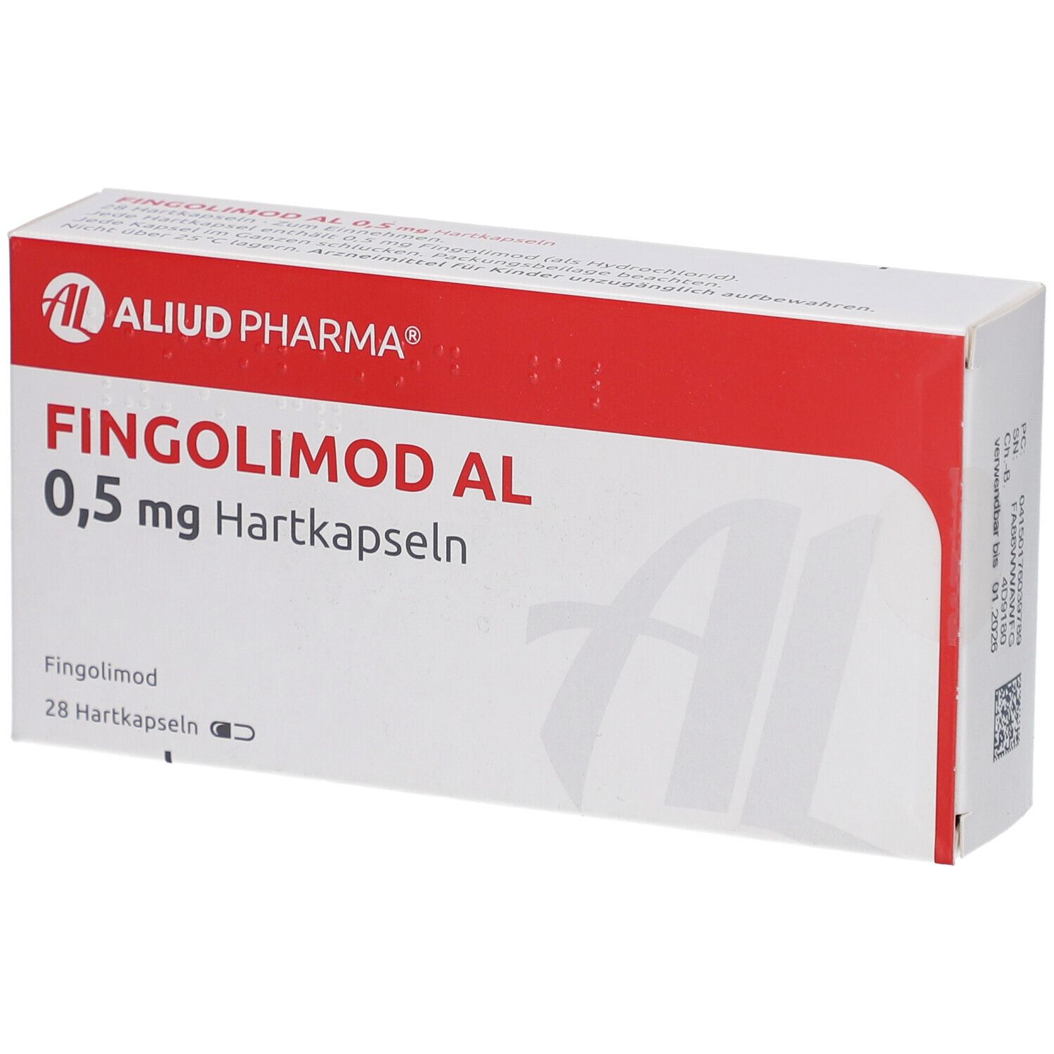 Weiße Faltschachtel mit rotem Deckel. Aufschrift: FINGOLIMOD AL 0,5 mg Hartkapseln. Logo: AL Aliud Pharma. 28 Hartkapseln.