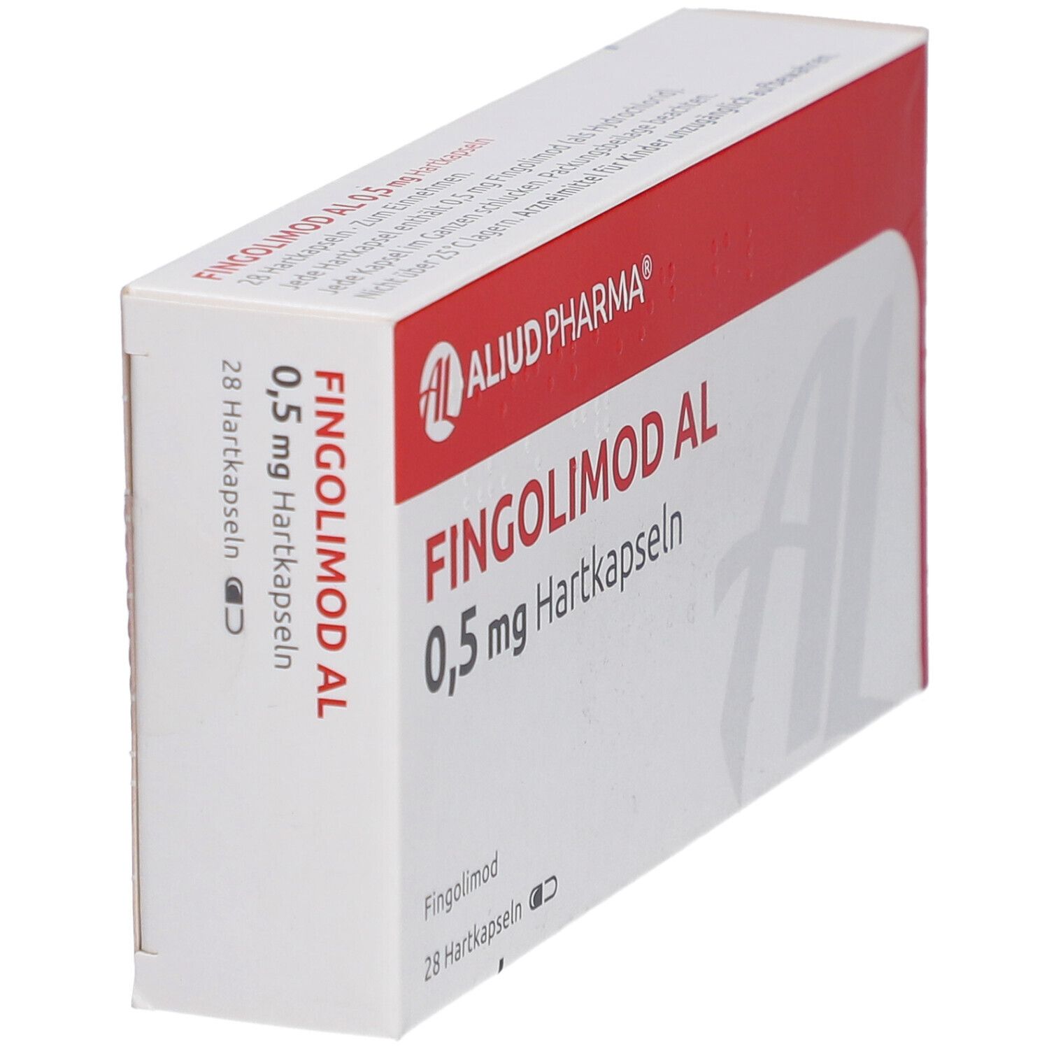 Weiße Faltschachtel mit rotem Deckel. Aufschrift: FINGOLIMOD AL 0,5 mg Hartkapseln. Logo: AL Aliud Pharma. 28 Hartkapseln.