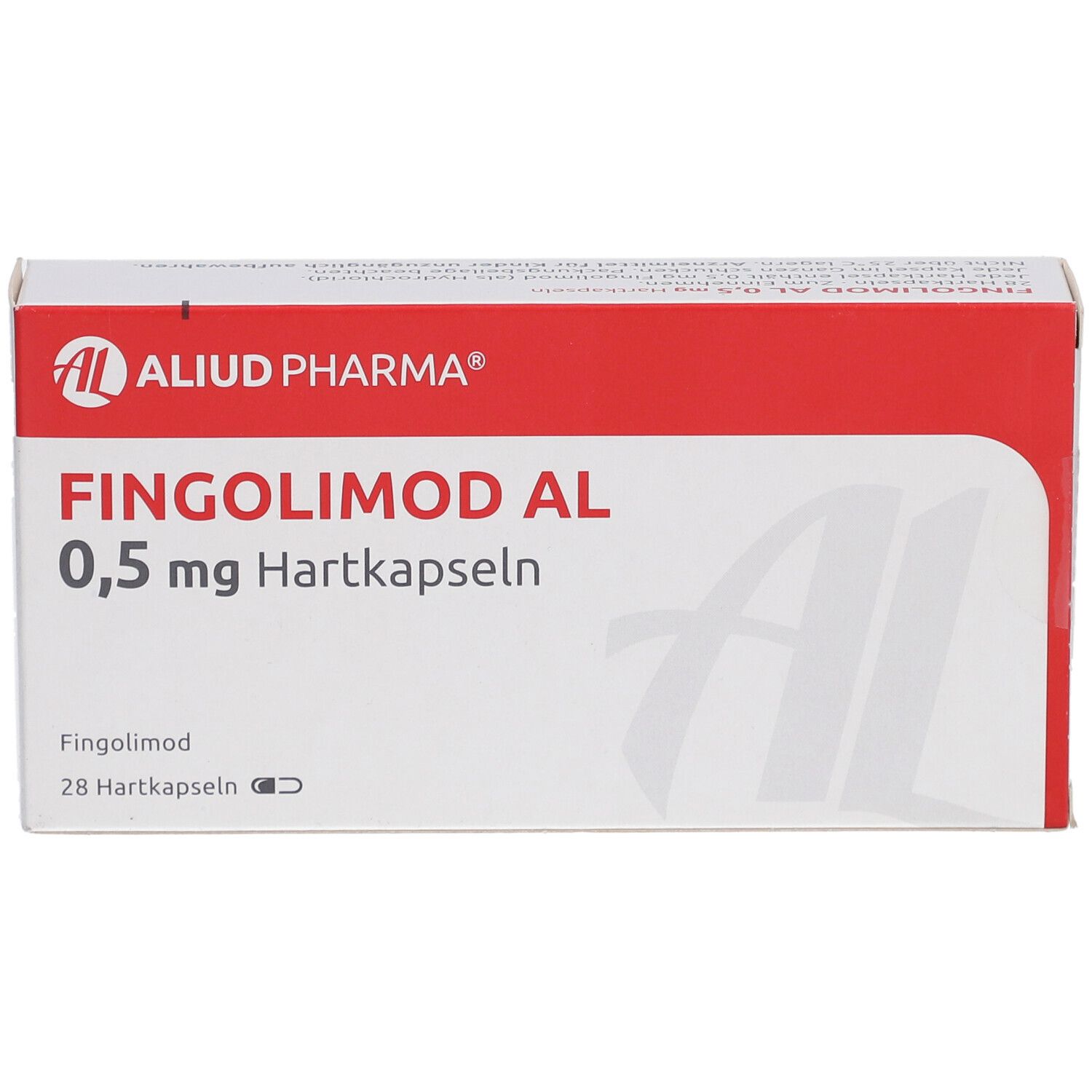 Weiße Faltschachtel mit rotem Deckel. Aufschrift: FINGOLIMOD AL 0,5 mg Hartkapseln. Logo: AL Aliud Pharma. 28 Hartkapseln.