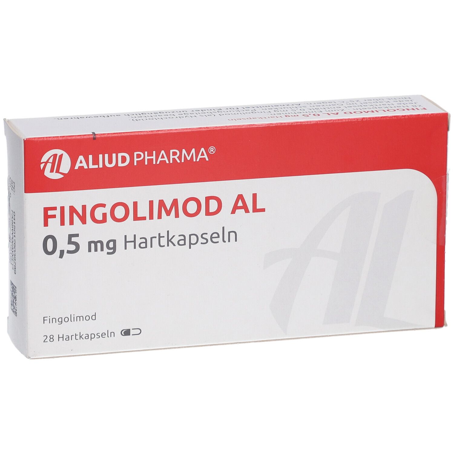 Weiße Faltschachtel mit rotem Deckel. Aufschrift: FINGOLIMOD AL 0,5 mg Hartkapseln. Logo: AL Aliud Pharma. 28 Hartkapseln.