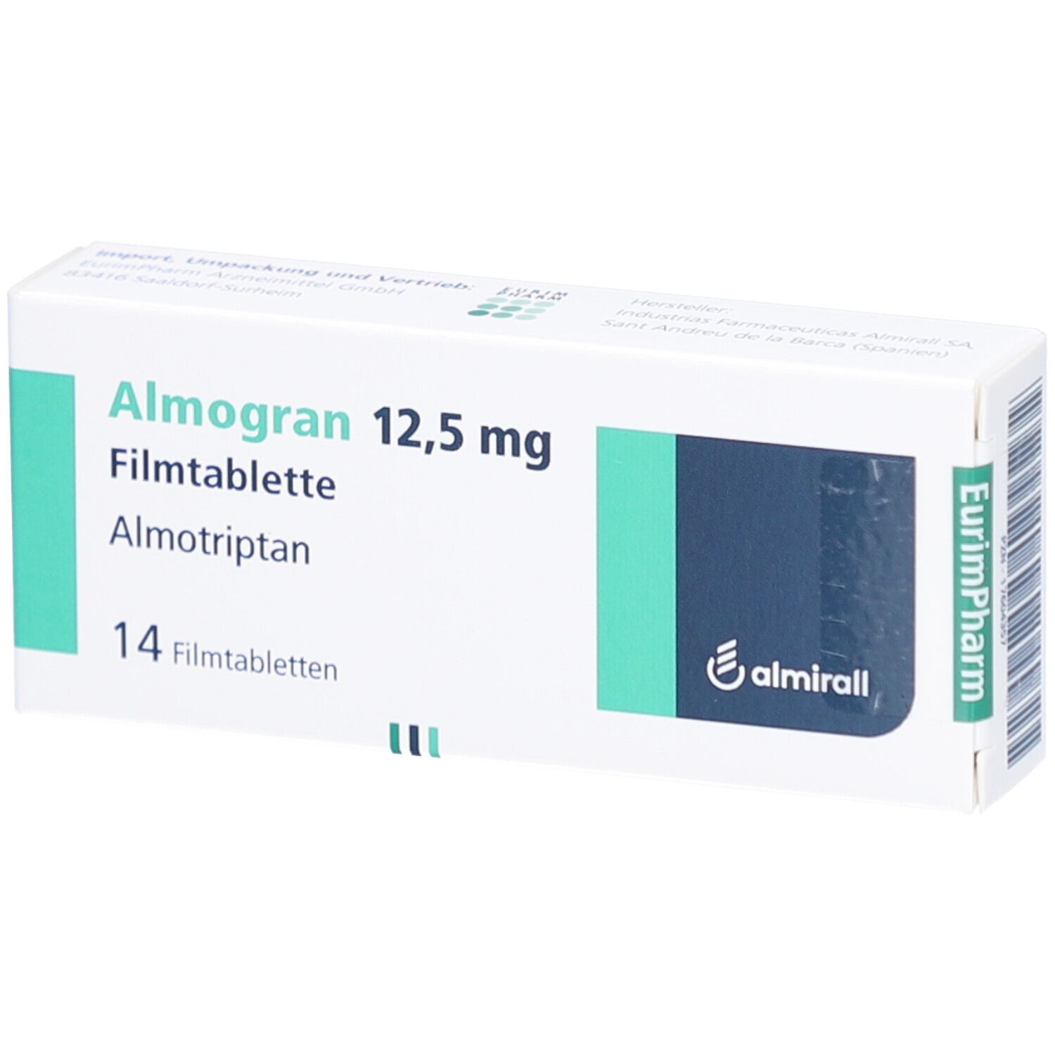 Almogran 12,5 mg Filmtabletten-Packung. 14 Tabletten. Almotriptan. Weiße Schachtel mit grünen und blauen Akzenten. Almirall-Logo.
