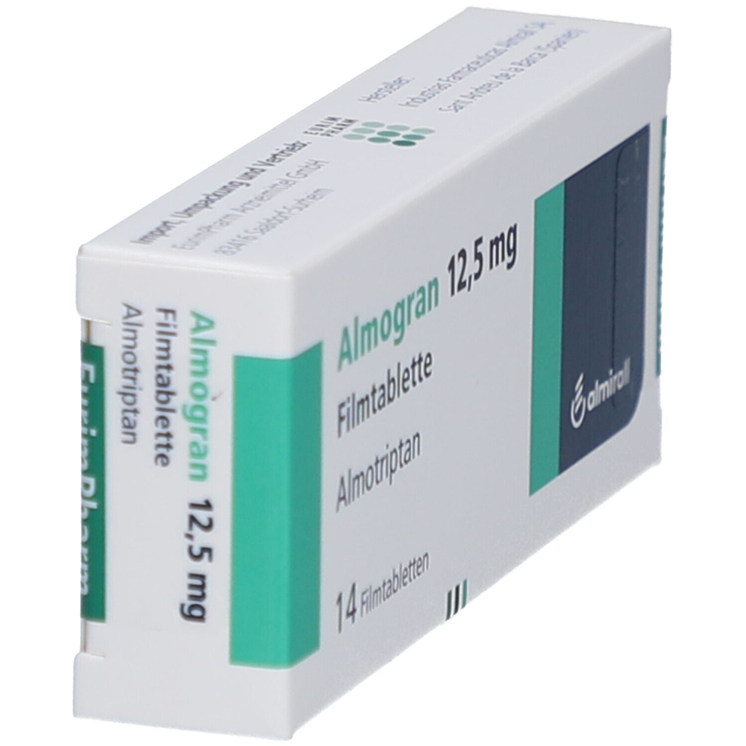 Almogran 12,5 mg Filmtabletten-Packung. 14 Tabletten. Almotriptan. Weiße Schachtel mit grünen und blauen Akzenten. Almirall-Logo.