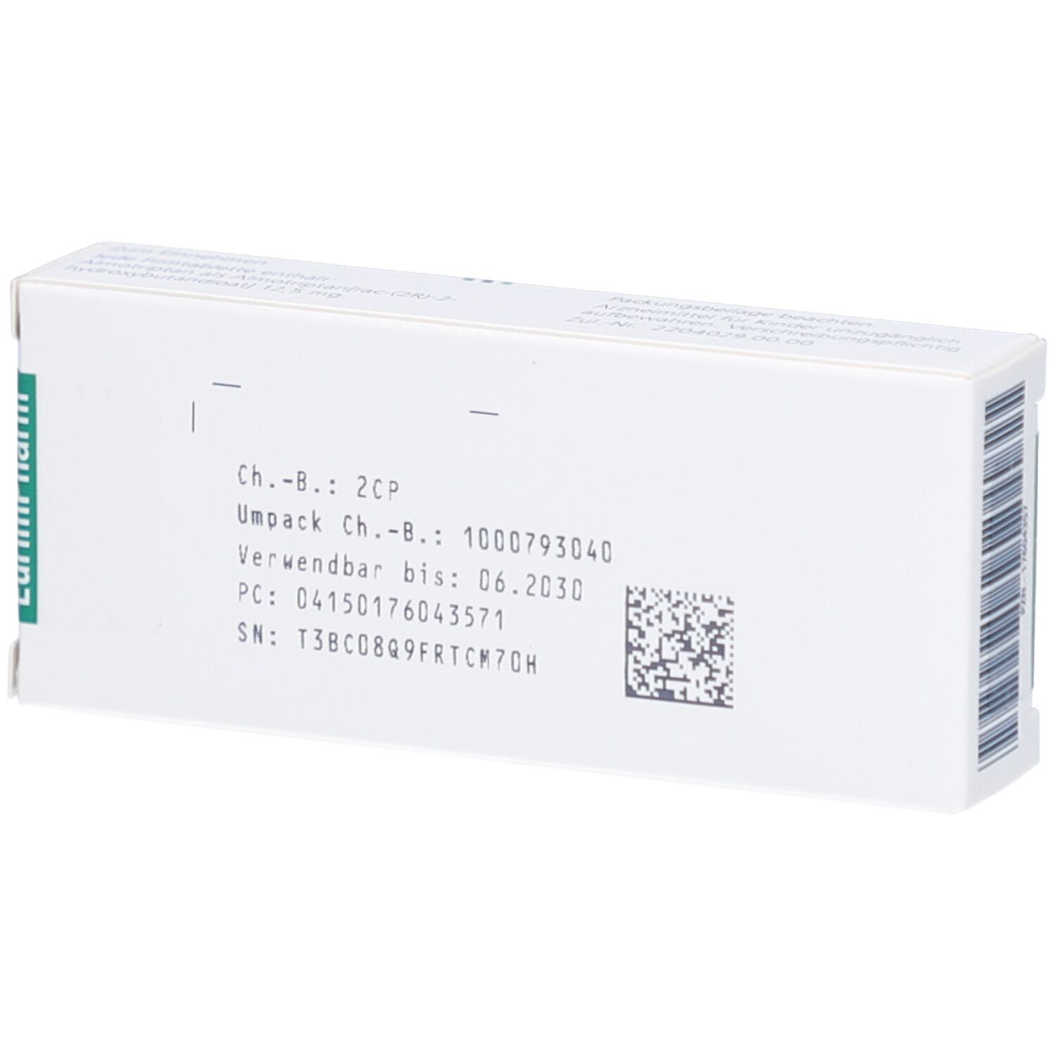 Rückseite der Almogran 12,5 mg Filmtabletten-Packung. Chargennummer, Verfallsdatum, Barcode und andere Informationen.