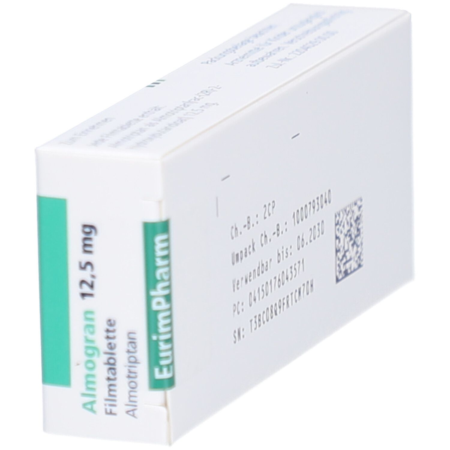 Almogran 12,5 mg Filmtabletten-Packung. Weiße Schachtel mit grünen und blauen Akzenten. Text und Logo von Almogran und EurimPharm.