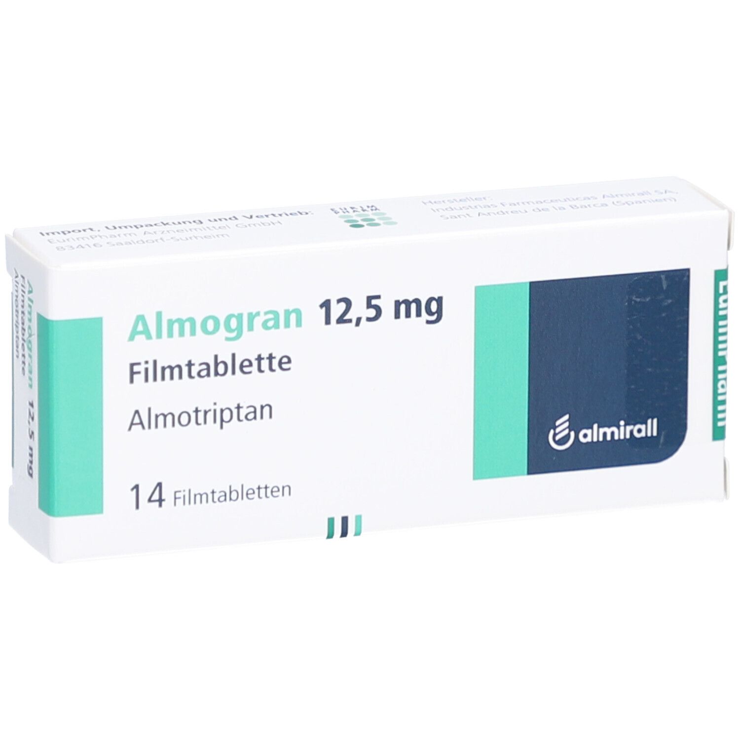 Almogran 12,5 mg Filmtabletten-Packung. 14 Tabletten. Almotriptan. Weiße Schachtel mit grünen und blauen Akzenten. Almirall-Logo.