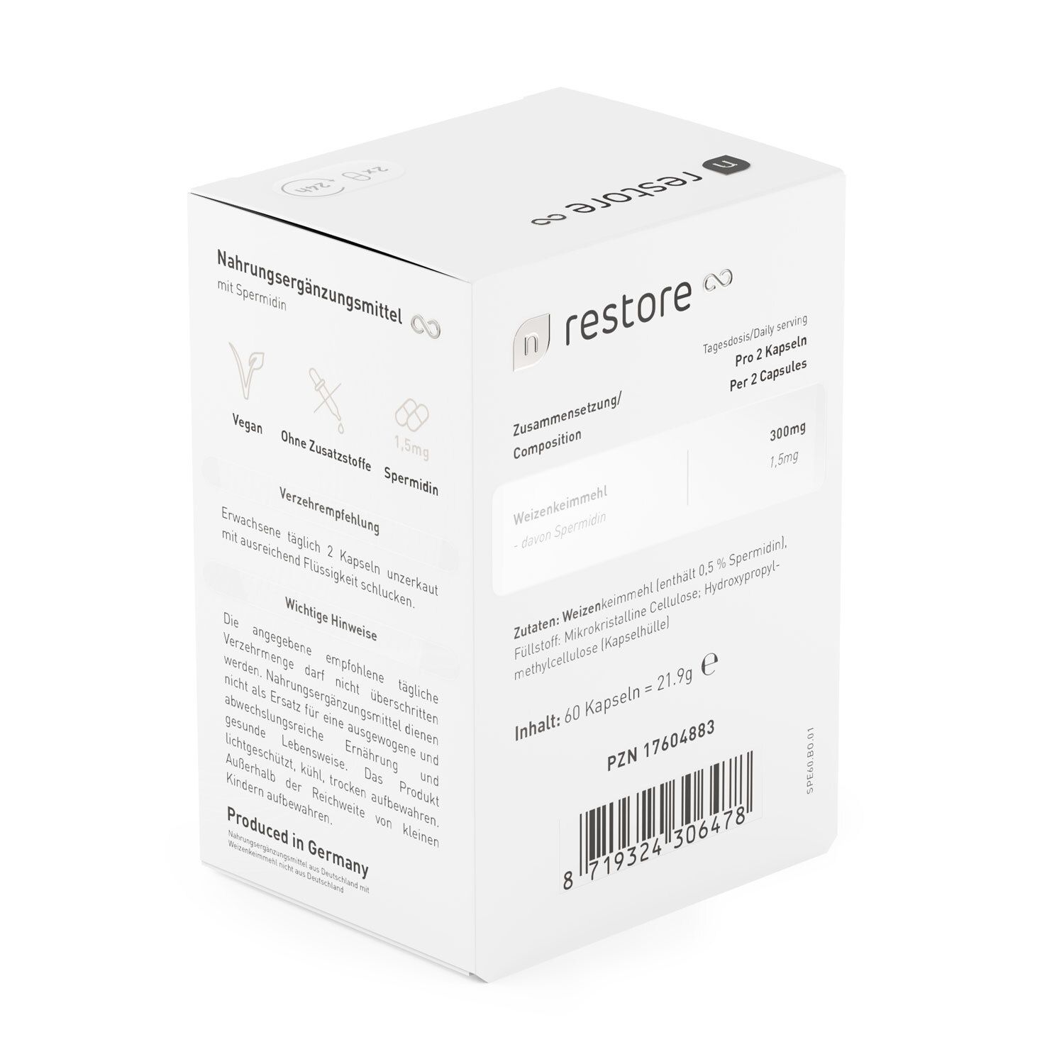 Weiße Schachtel mit Produktinformationen. Enthält 60 Kapseln. Marke: nupure restore.