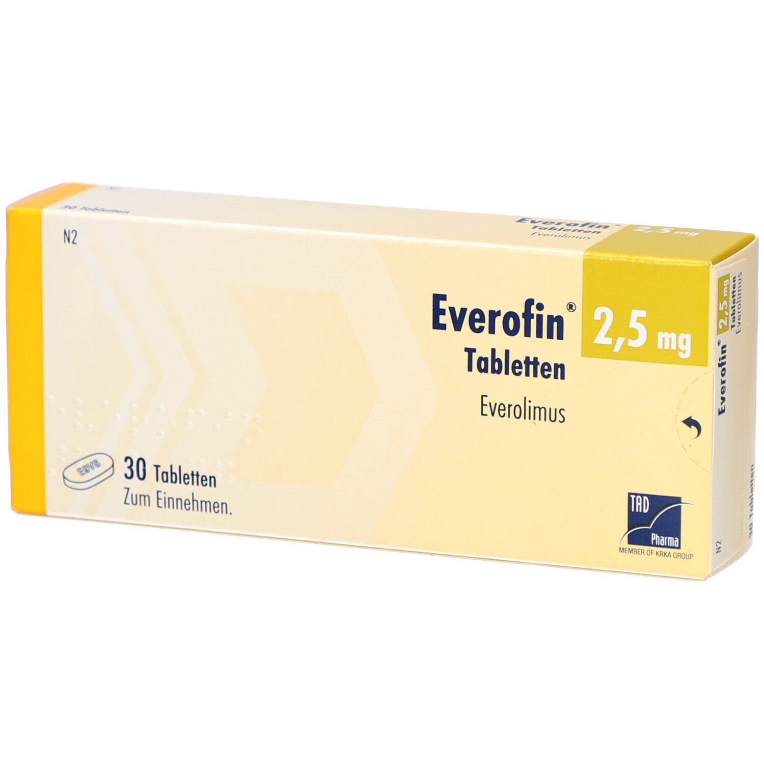 EVEROFIN 2,5 mg Tabletten-Packung. Gelb-weiße Schachtel mit Produktnamen und Dosierung. 30 Tabletten.
