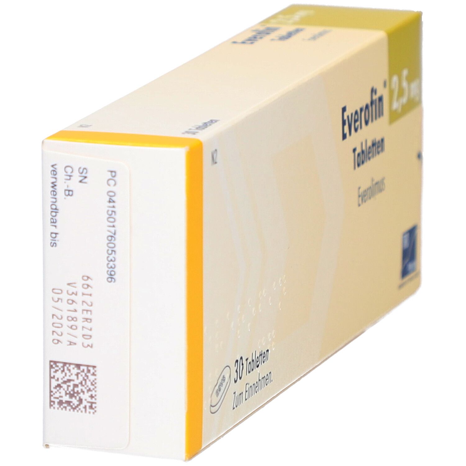 EVEROFIN 2,5 mg Tabletten-Packung. Schachtel in Schrägansicht. Produktname und Dosierung sichtbar. 30 Tabletten.