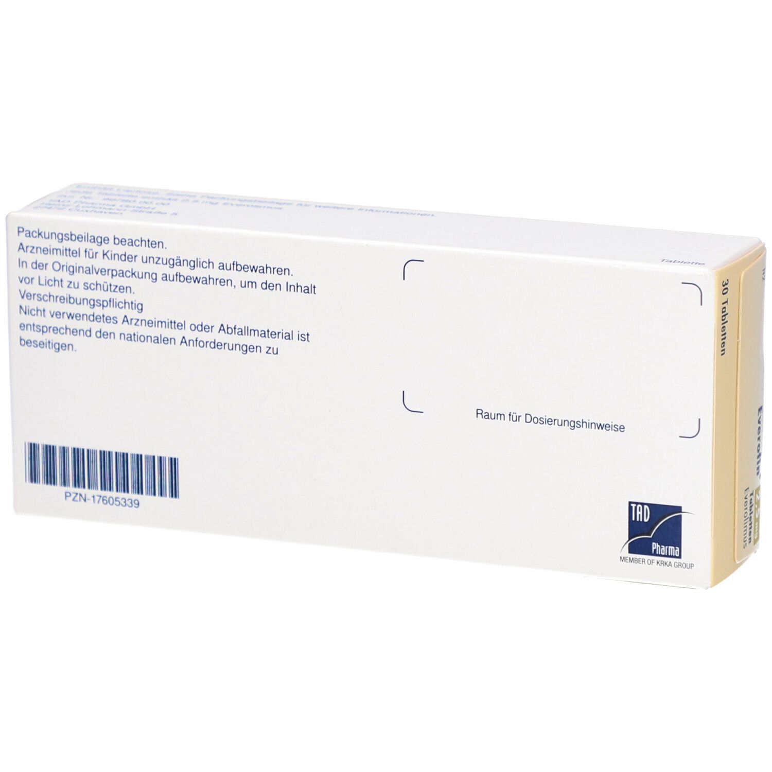 Rückseite der EVEROFIN 2,5 mg Tabletten-Packung. Text mit Informationen und Barcode. TRD Pharma Logo.