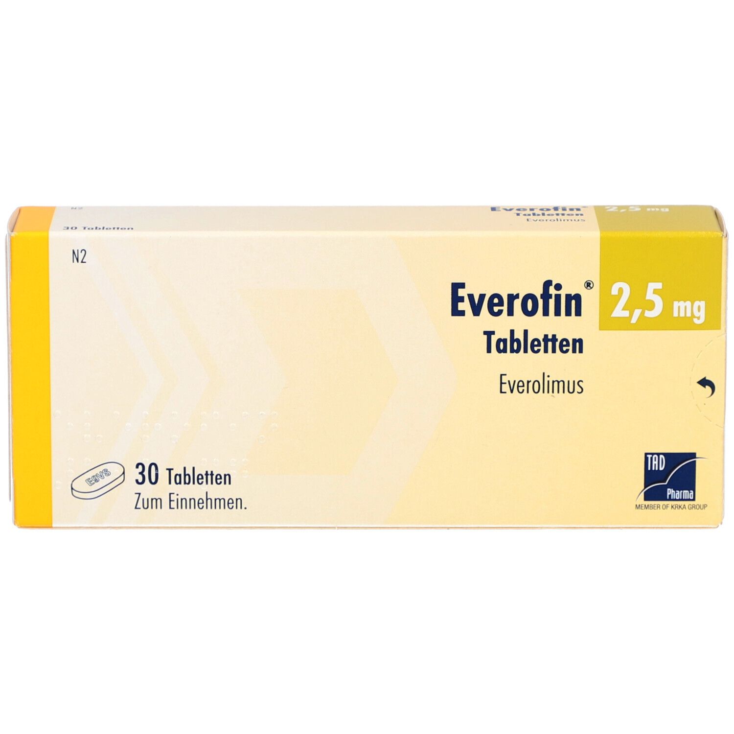 EVEROFIN 2,5 mg Tabletten-Packung. Gelb-weiße Schachtel mit Produktnamen und Dosierung. 30 Tabletten.