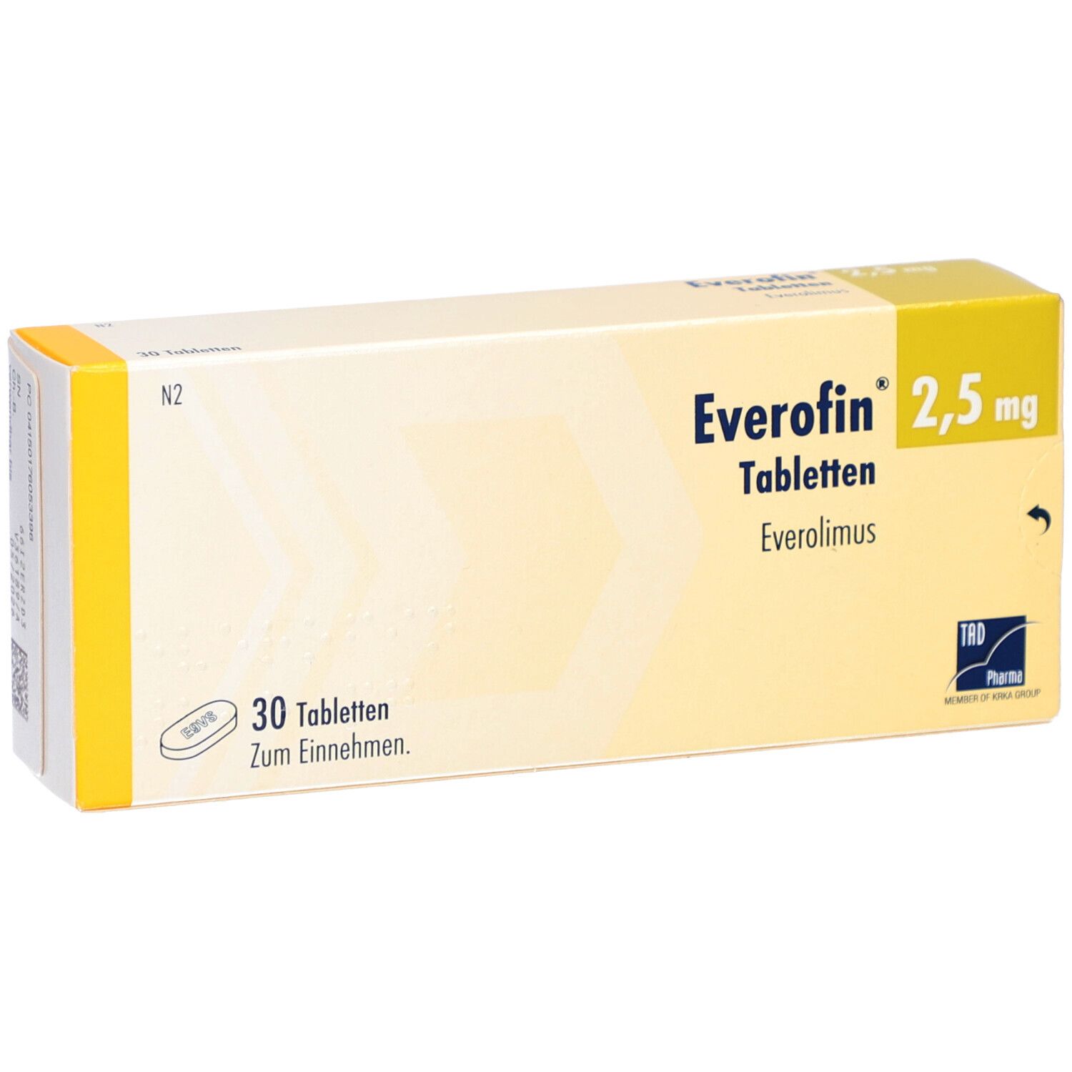 EVEROFIN 2,5 mg Tabletten-Packung. Gelb-weiße Schachtel mit Produktnamen und Dosierung. 30 Tabletten.
