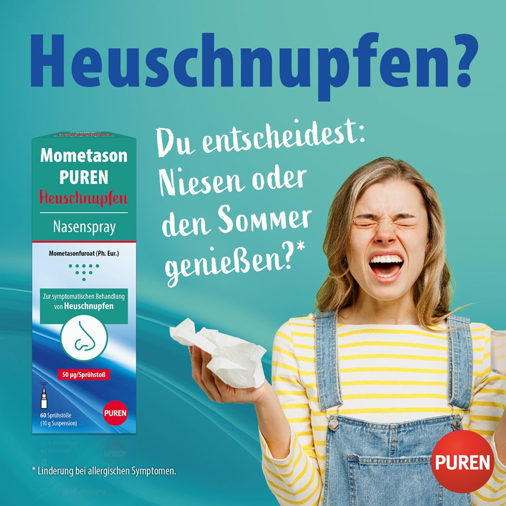 Frau mit Taschentuch. Produktverpackung im Hintergrund. Text: Niesen oder Sommer genießen?