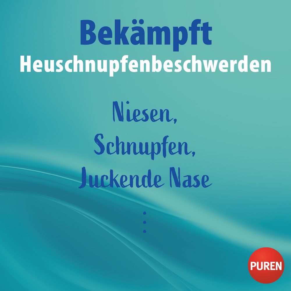 Türkisfarbener Hintergrund mit Text: Bekämpft Heuschnupfenbeschwerden. Niesen, Schnupfen, juckende Nase.