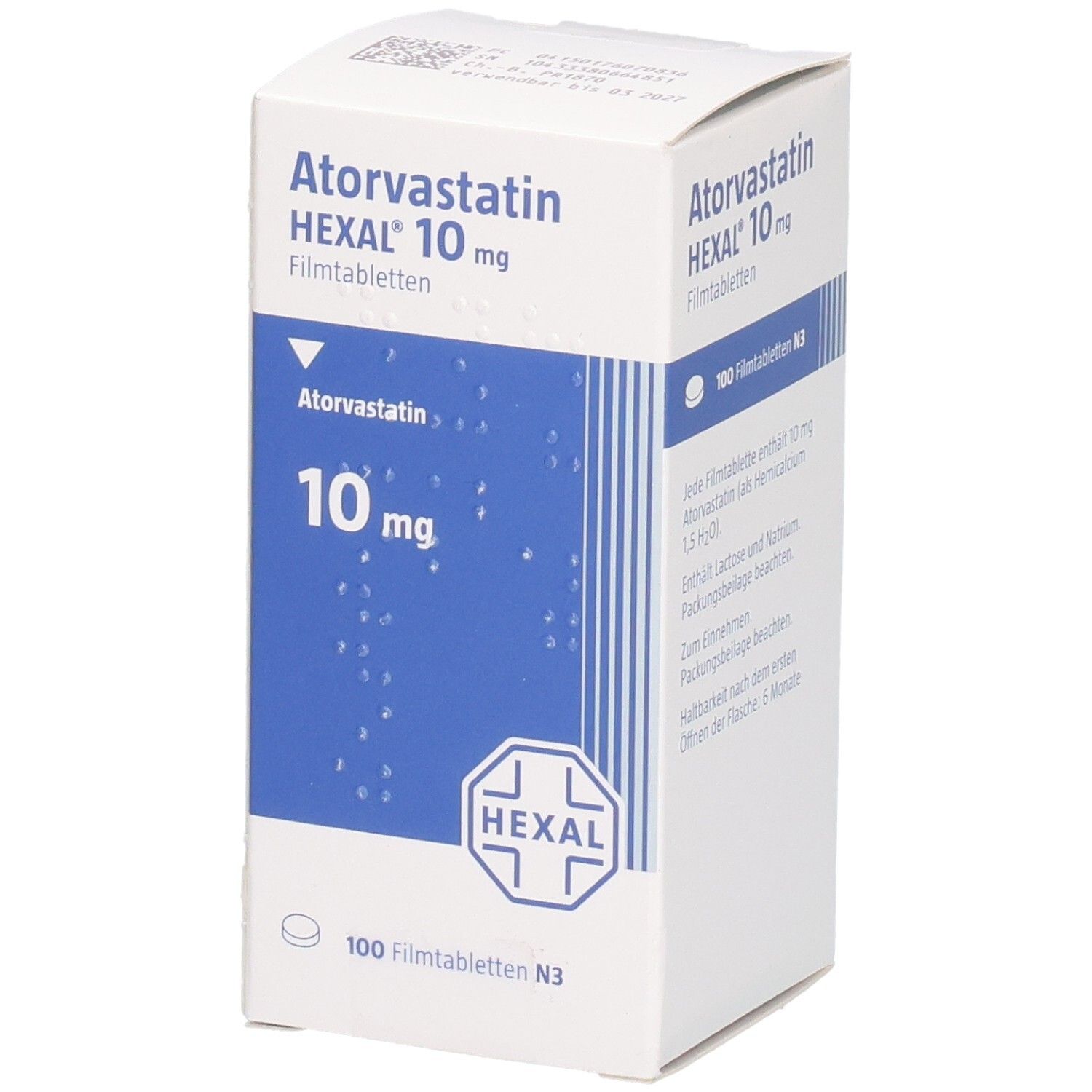 Packung ATORVASTATIN HEXAL 10 mg Filmtabletten, Vorderseite mit blauer Fläche und weißen Punkten.