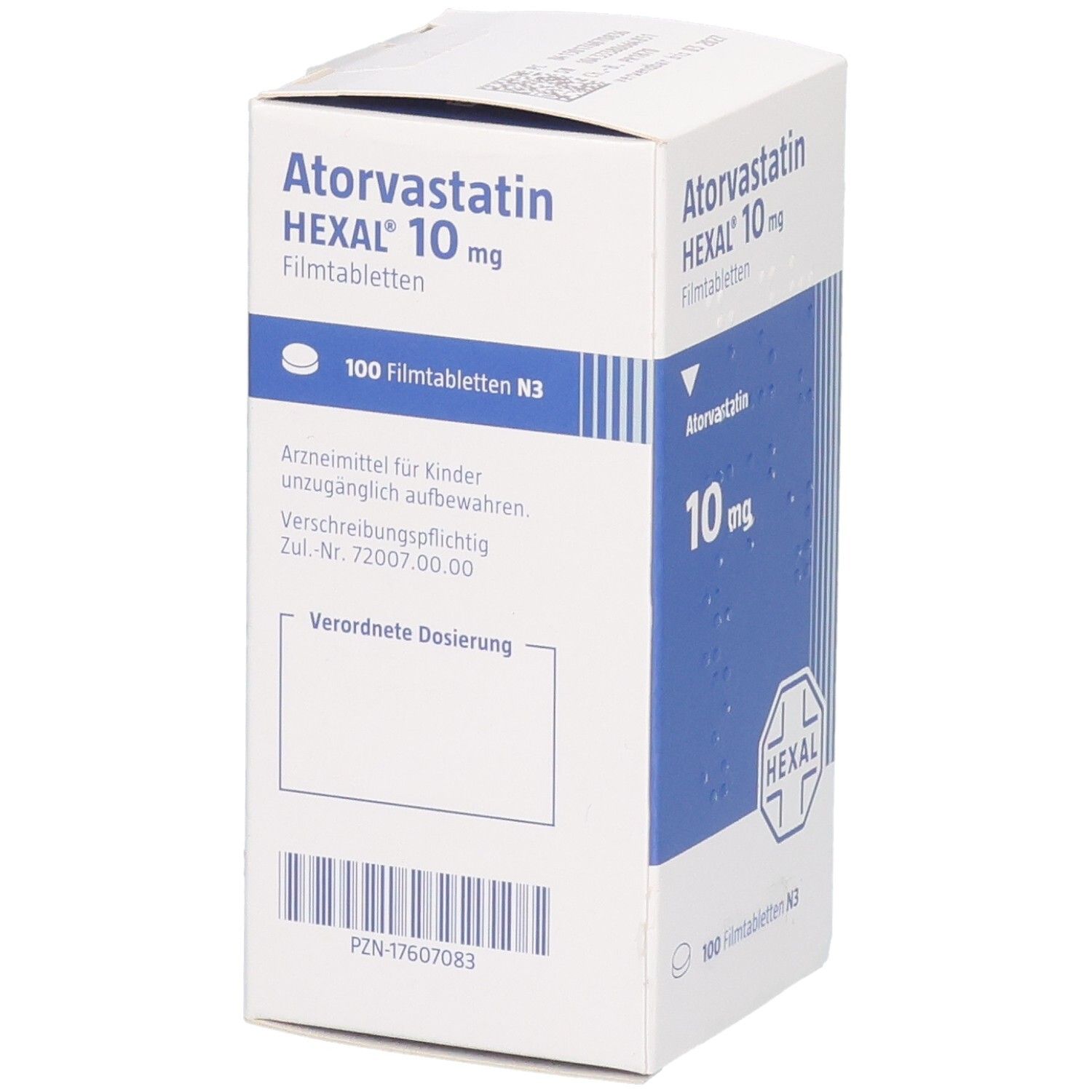 Packung ATORVASTATIN HEXAL 10 mg Filmtabletten, Seite mit Warnhinweisen und Zulassungsnummer.
