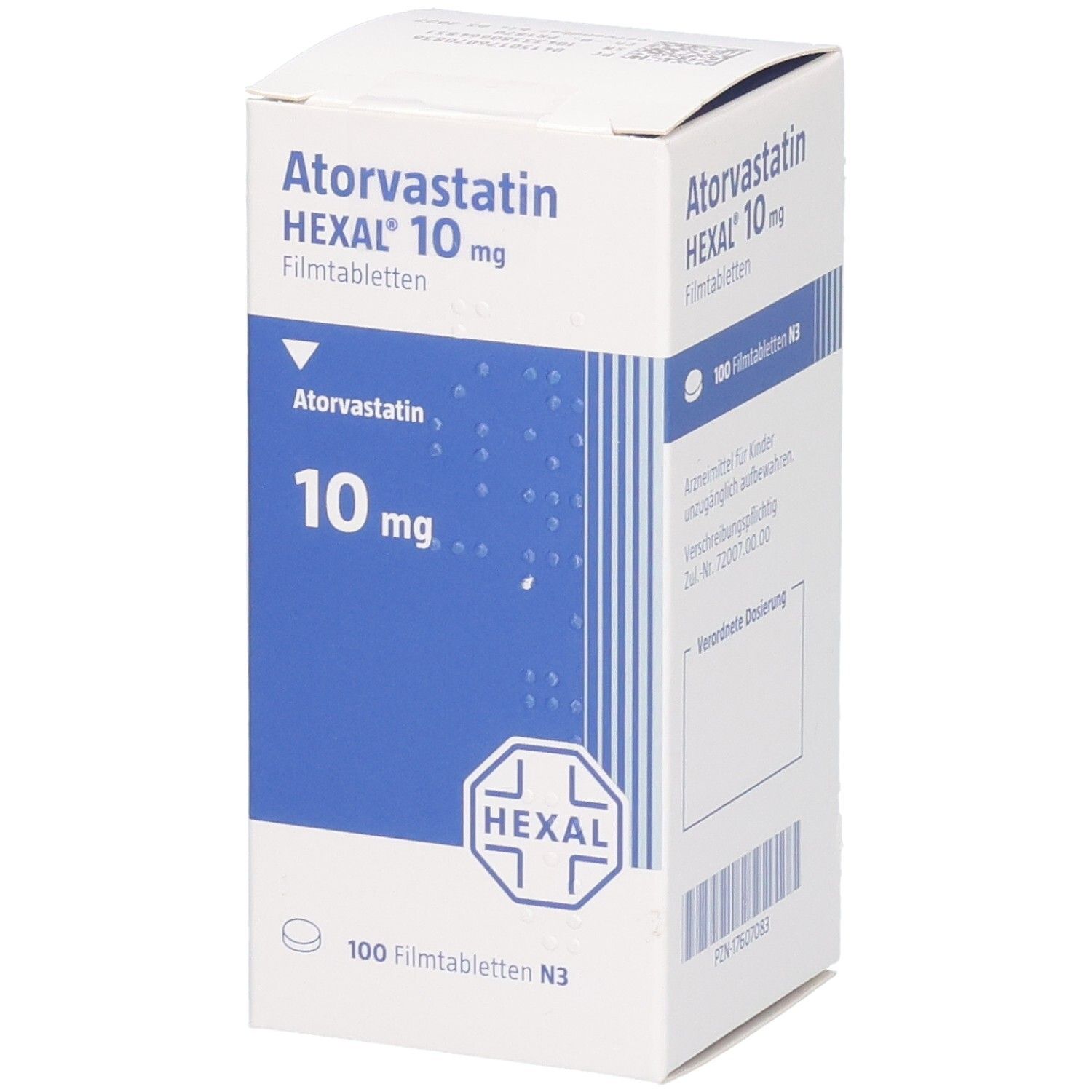 Packung ATORVASTATIN HEXAL 10 mg Filmtabletten, Vorderseite und Seite mit Produktinformationen.