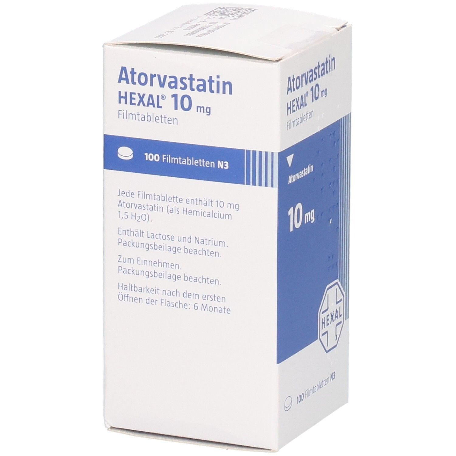Packung ATORVASTATIN HEXAL 10 mg Filmtabletten, Seite mit detaillierten Anwendungshinweisen.