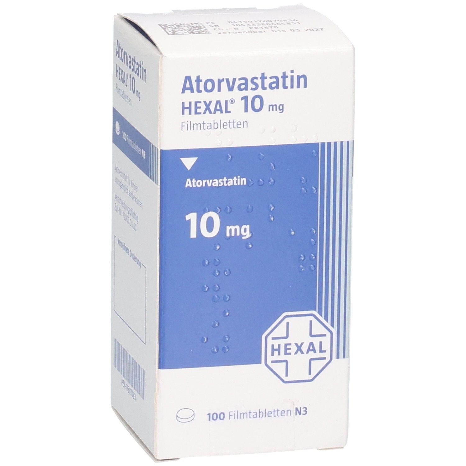 Packung ATORVASTATIN HEXAL 10 mg Filmtabletten, schräg von vorne mit Fokus auf die Vorderseite.