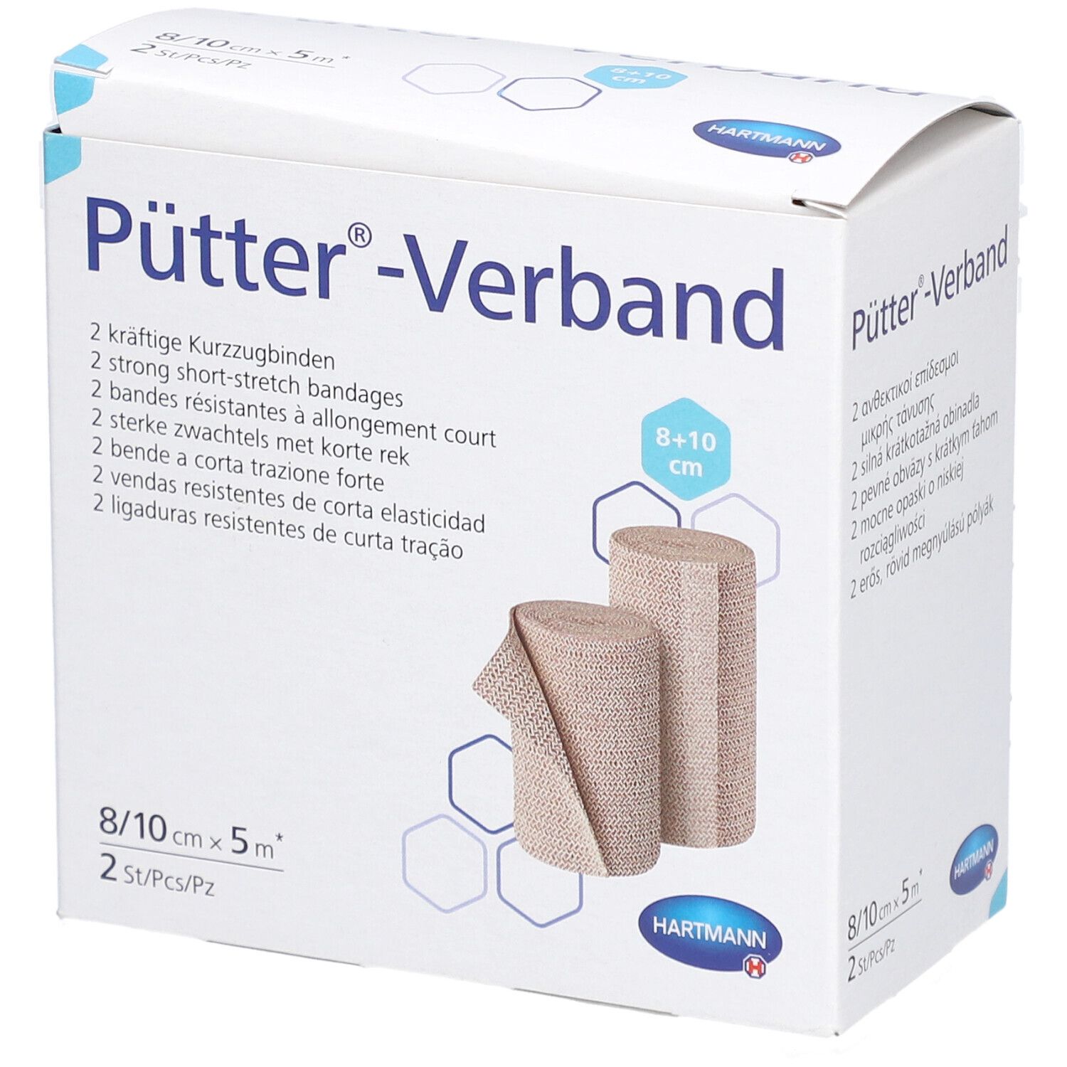 Verpackung mit zwei Kurzzugbinden. Aufschrift Pütter-Verband, 8/10 cm x 5 m. Hartmann Logo.
