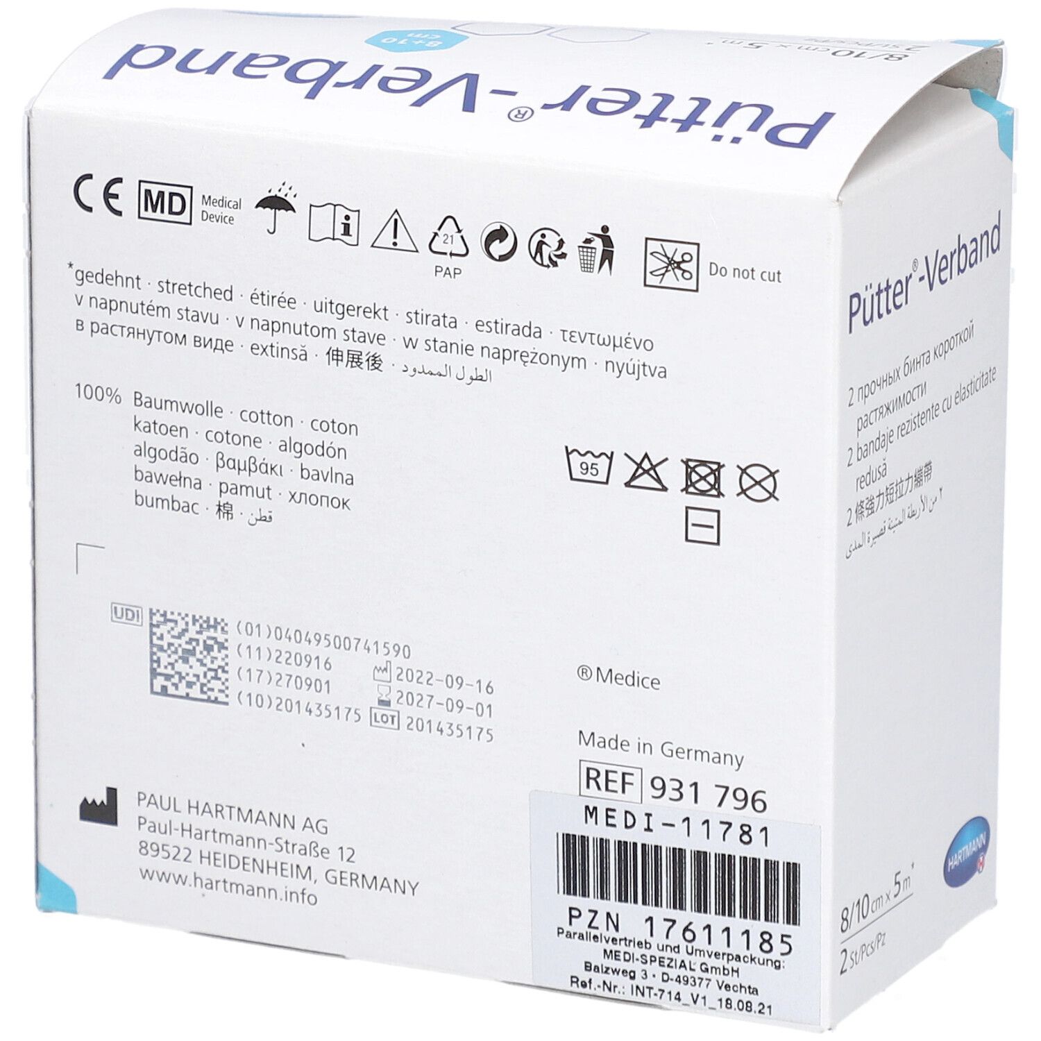 Rückseite der Verpackung mit Pütter-Verband. Informationen zu Material, Hersteller und Zertifizierungen.