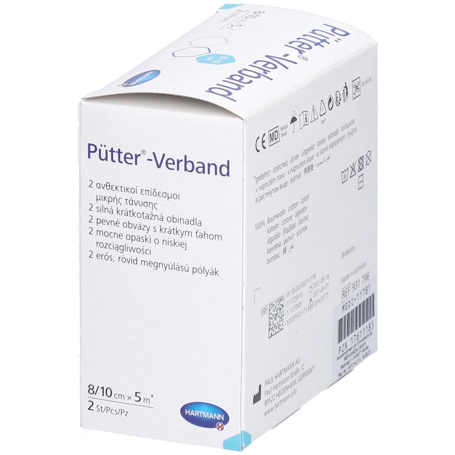 Rückseite der Verpackung mit Pütter-Verband. Informationen zu Material, Hersteller und Zertifizierungen.