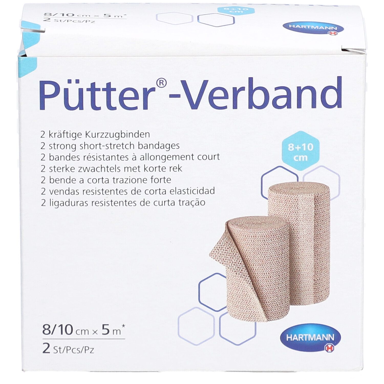 Verpackung mit zwei Kurzzugbinden. Aufschrift Pütter-Verband, 8/10 cm x 5 m. Hartmann Logo.