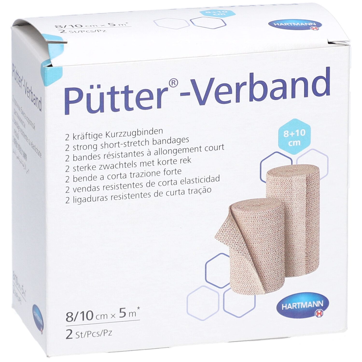 Verpackung mit zwei Kurzzugbinden. Aufschrift Pütter-Verband, 8/10 cm x 5 m. Hartmann Logo.