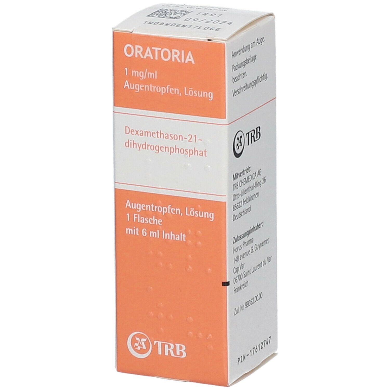Karton ORATORIA Augentropfen. Orange-weiß. Enthält 1 mg/ml Dexamethason-21-dihydrogenphosphat. 1 Flasche mit 6 ml Inhalt. TRB-Logo.