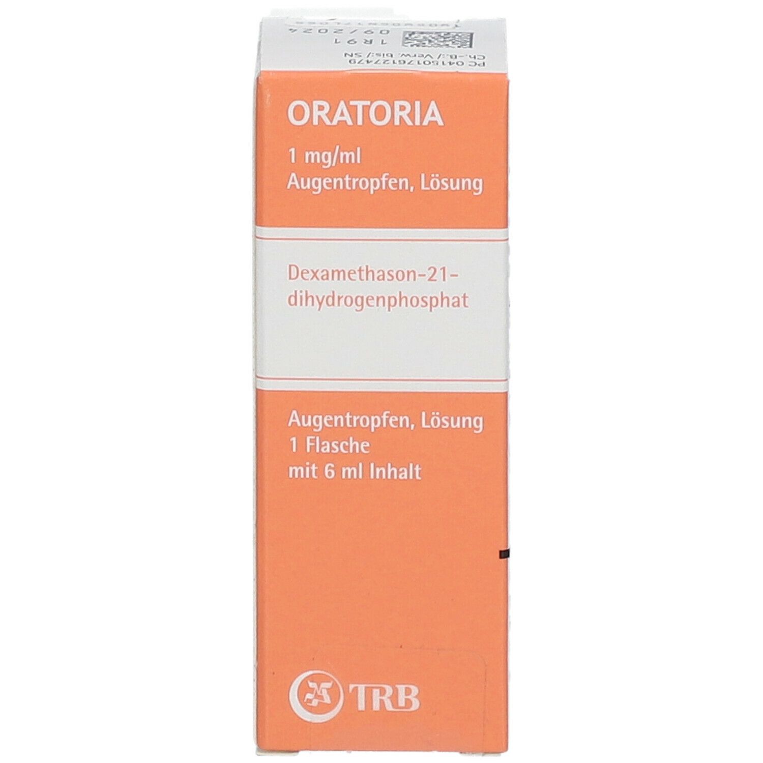 Karton ORATORIA Augentropfen. Orange-weiß. Enthält 1 mg/ml Dexamethason-21-dihydrogenphosphat. 1 Flasche mit 6 ml Inhalt. TRB-Logo.