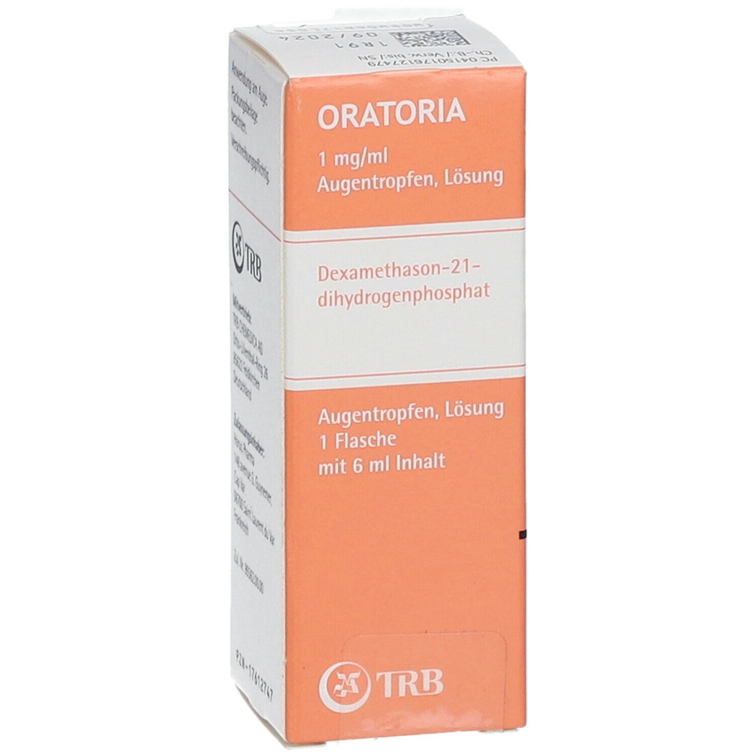 Karton ORATORIA Augentropfen. Orange-weiß. Enthält 1 mg/ml Dexamethason-21-dihydrogenphosphat. 1 Flasche mit 6 ml Inhalt. TRB-Logo.