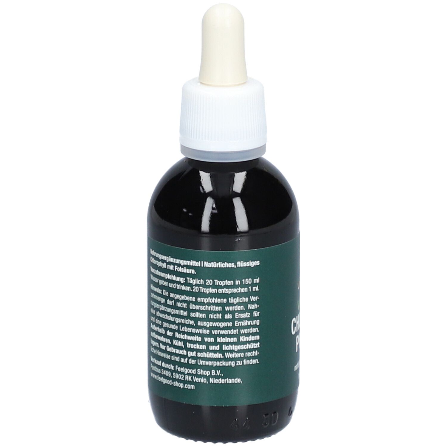 Braune Glasflasche mit Tropfer. Aufschrift: Vitactiv Vegan Chlorophyll. Grünes Etikett.