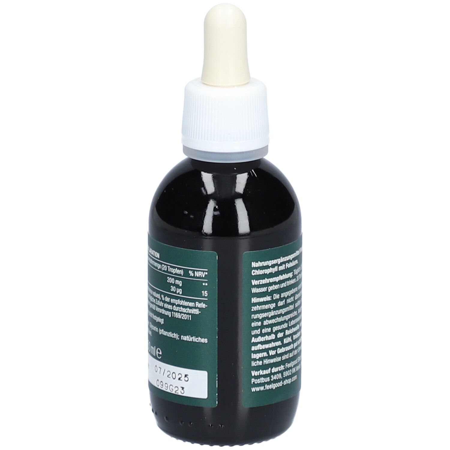 Braune Glasflasche mit Tropfer. Aufschrift: Vitactiv Vegan Chlorophyll. Grünes Etikett.