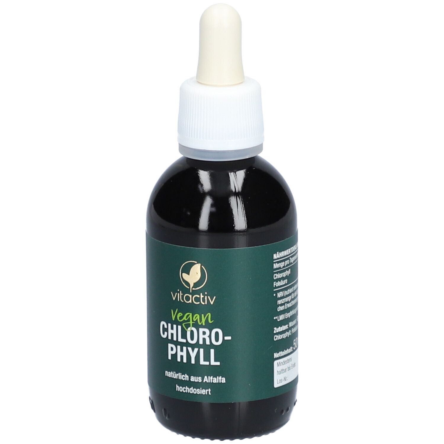 Braune Glasflasche mit Tropfer. Aufschrift: Vitactiv Vegan Chlorophyll. Grünes Etikett.