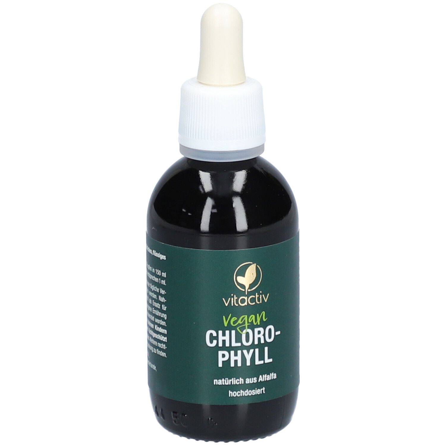 Braune Glasflasche mit Tropfer. Aufschrift: Vitactiv Vegan Chlorophyll. Grünes Etikett.
