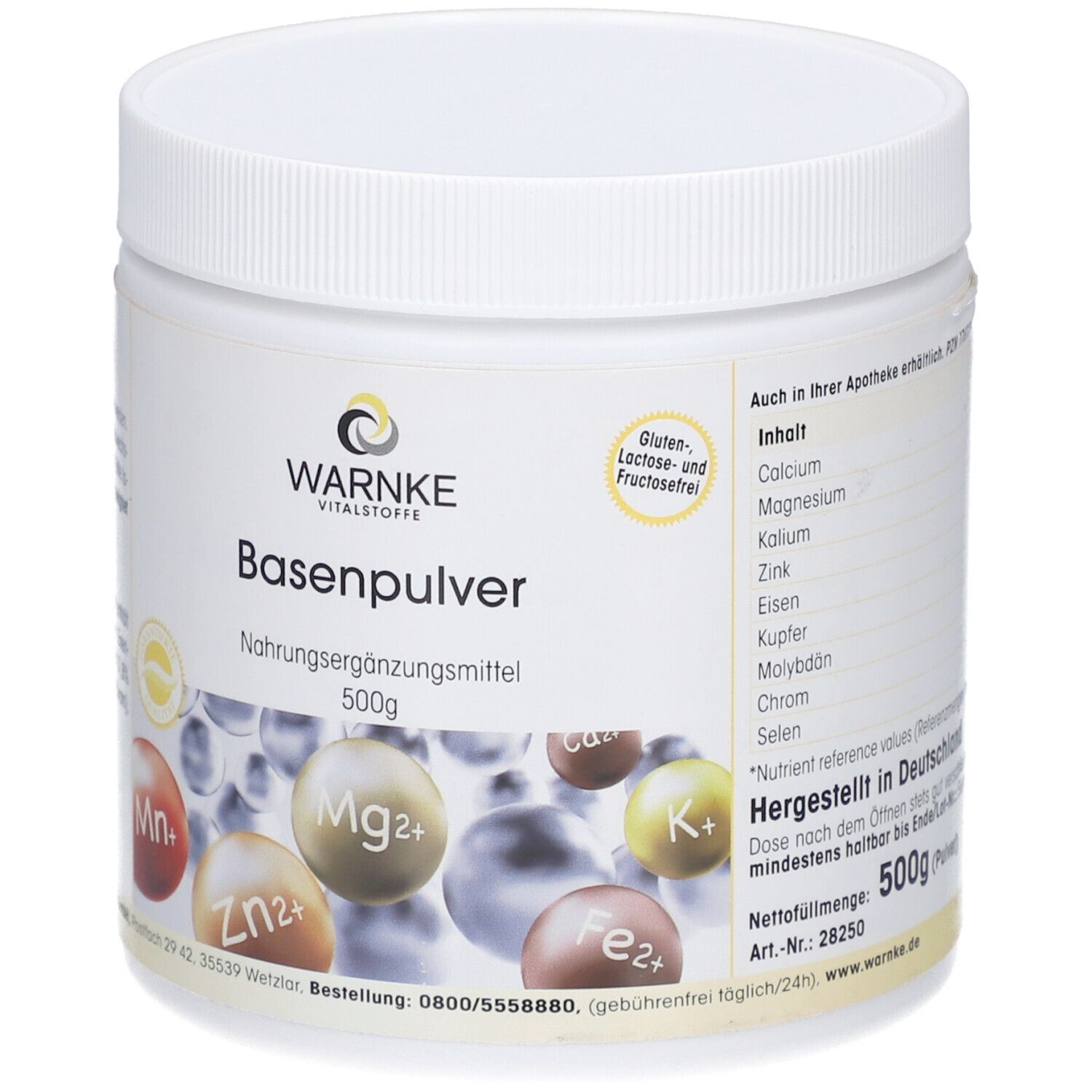 Weißer Kunststoff-Behälter mit gelbem Etikett. Aufschrift: Warnke Basenpulver, 500g. Enthält Mineralien. Gluten-, Laktose- und Fructosefrei. Hergestellt in Deutschland.