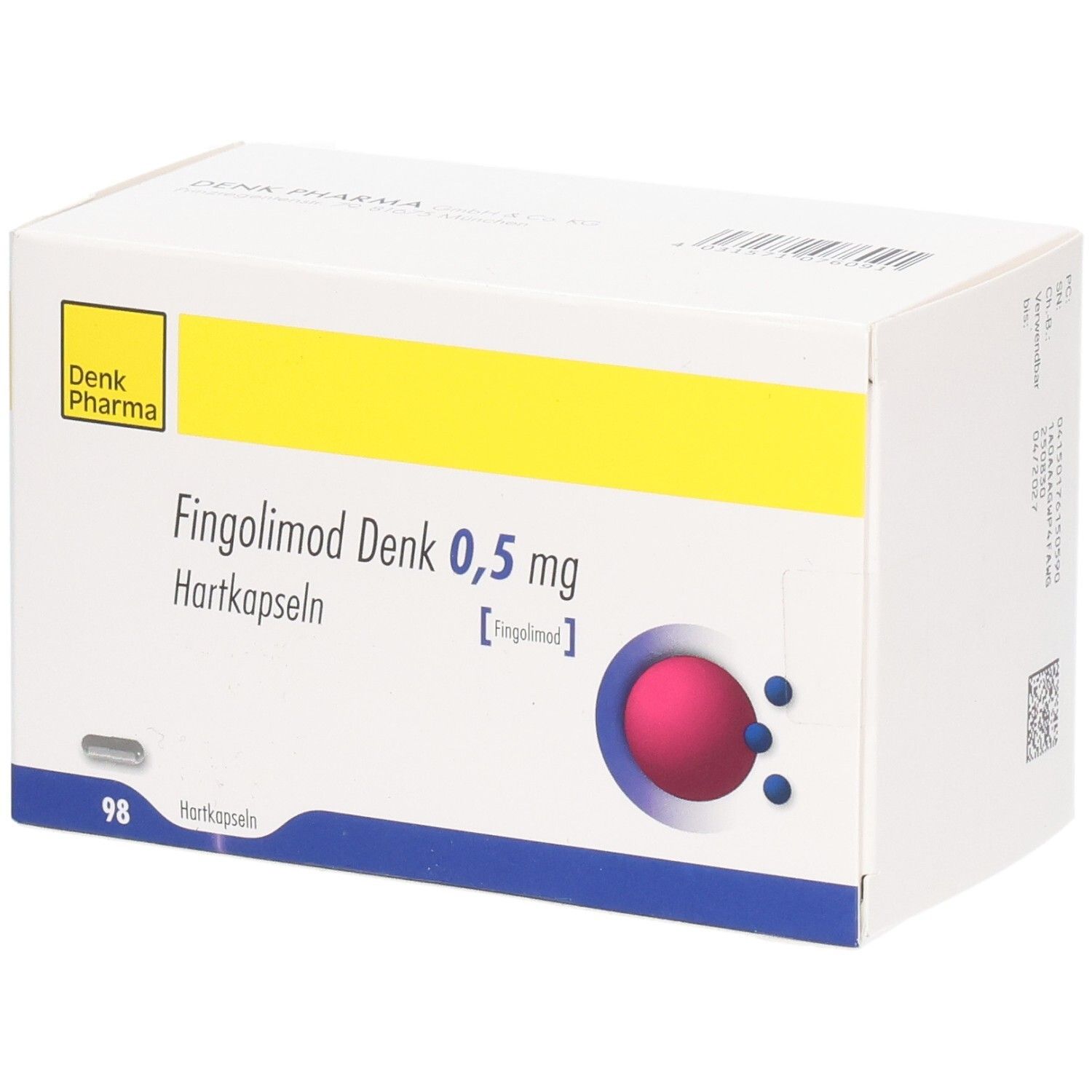 Fingolimod Denk 0,5 mg Hartkapseln Packung. Weißer Karton mit gelbem Streifen. Denk Pharma Logo. 98 Hartkapseln.