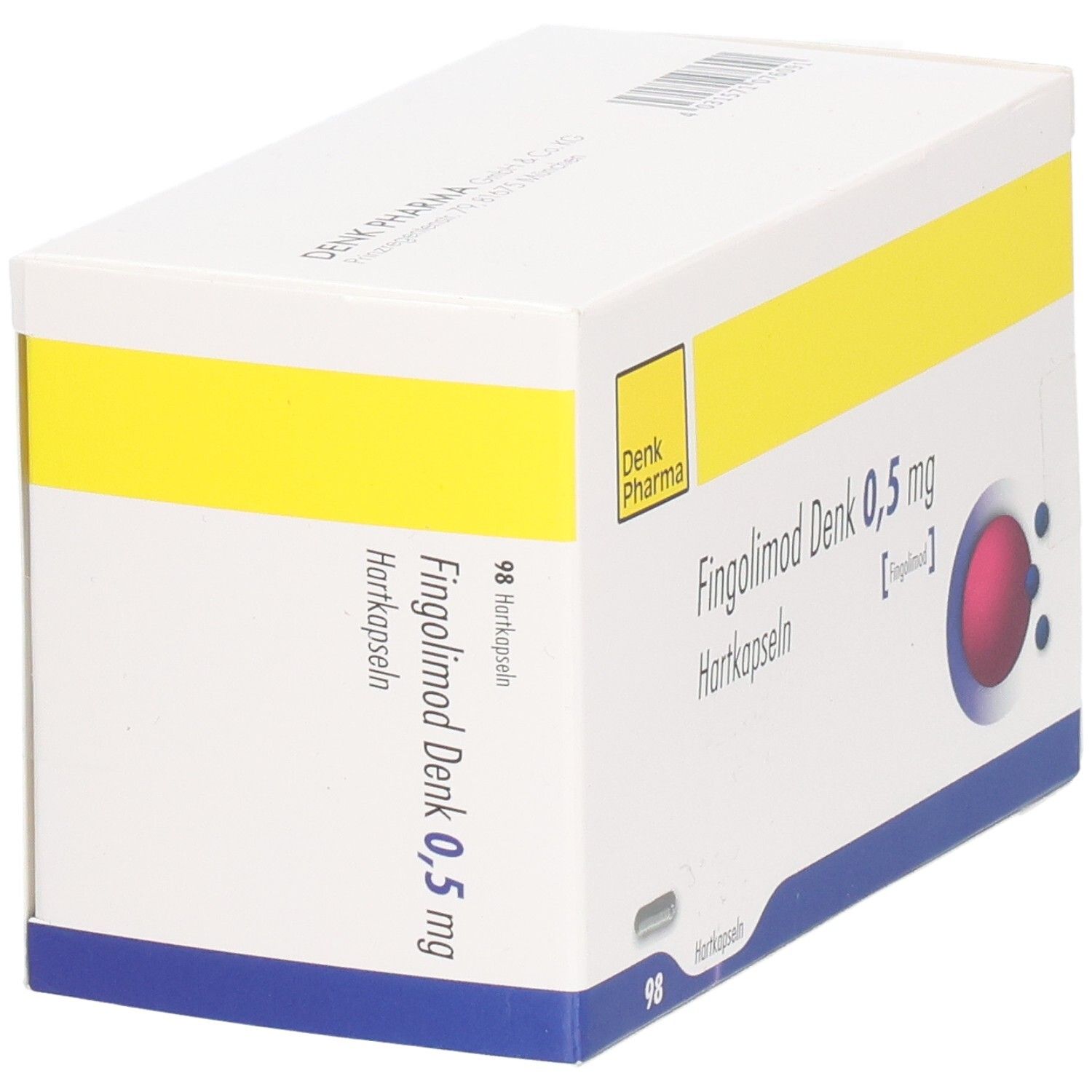 Fingolimod Denk 0,5 mg Hartkapseln Packung. Weißer Karton mit gelbem Streifen. Denk Pharma Logo. 98 Hartkapseln.
