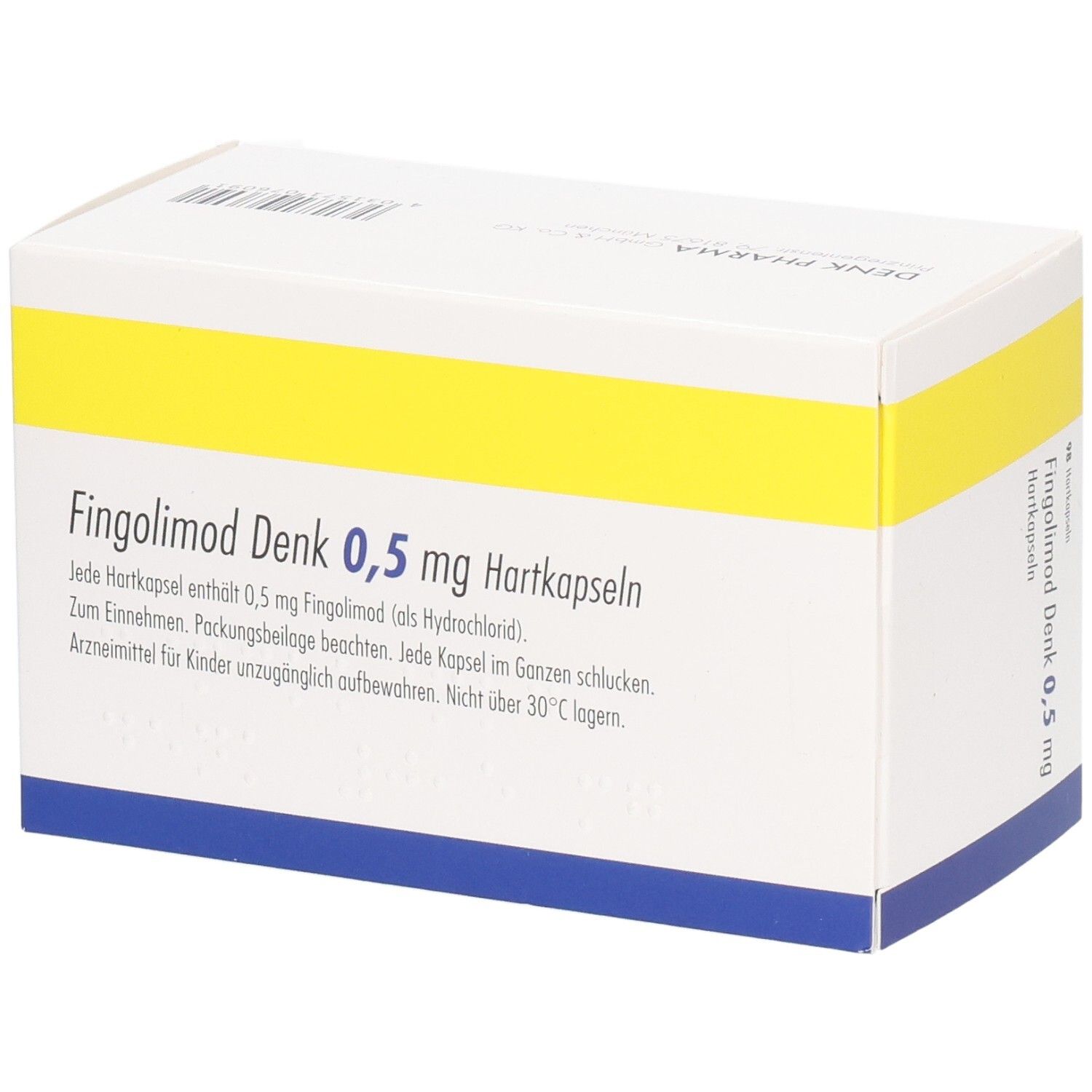 Fingolimod Denk 0,5 mg Hartkapseln Packung. Weißer Karton mit gelbem Streifen. Text mit Inhaltsangaben. Blaue und gelbe Streifen.