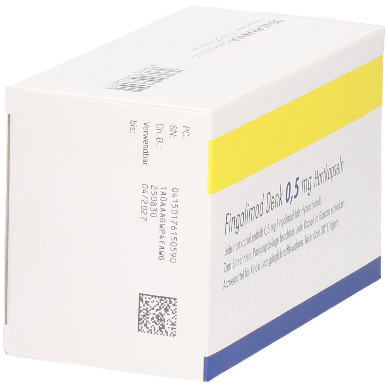 Fingolimod Denk 0,5 mg Hartkapseln Packung. Weißer Karton mit gelbem Streifen. Text mit Chargennummer und Verfallsdatum.
