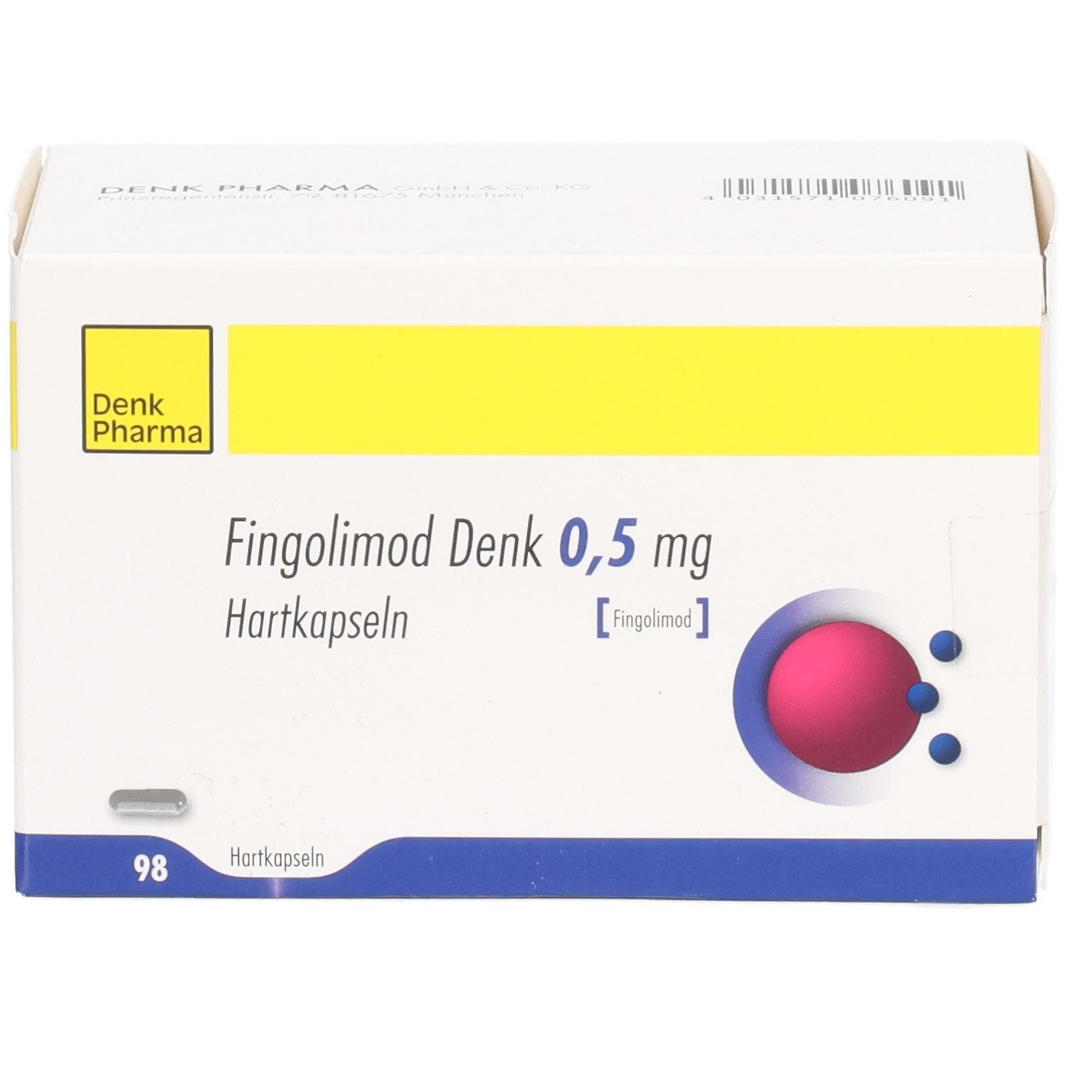 Fingolimod Denk 0,5 mg Hartkapseln Packung. Weißer Karton mit gelbem Streifen. Denk Pharma Logo. 98 Hartkapseln.