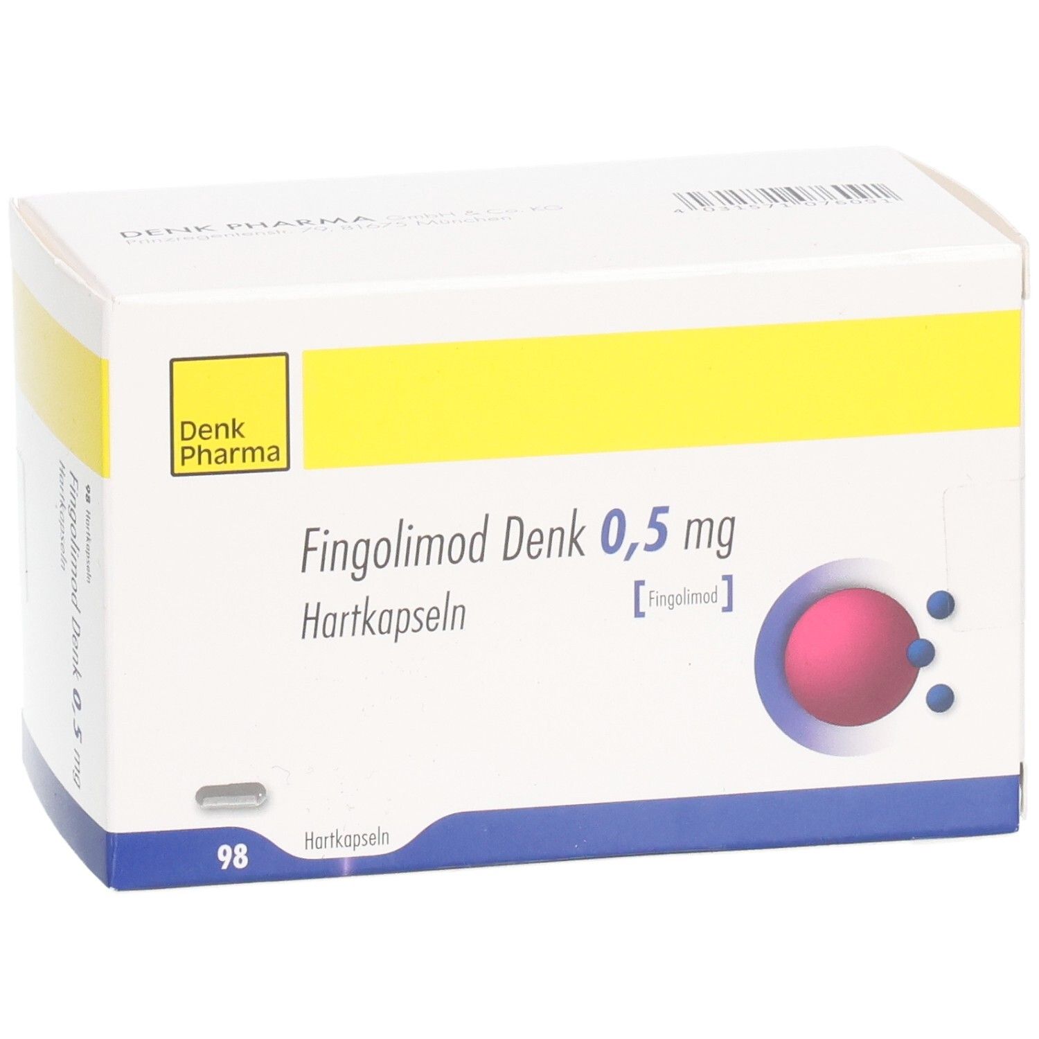 Fingolimod Denk 0,5 mg Hartkapseln Packung. Weißer Karton mit gelbem Streifen. Denk Pharma Logo. 98 Hartkapseln.