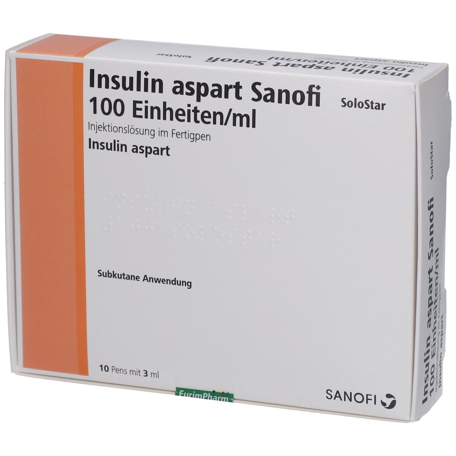 Verpackung von Insulin aspart Sanofi. Aufschrift: 100 Einheiten/ml, SoloStar. Orangefarbener Akzent. 10 Pens mit 3 ml.
