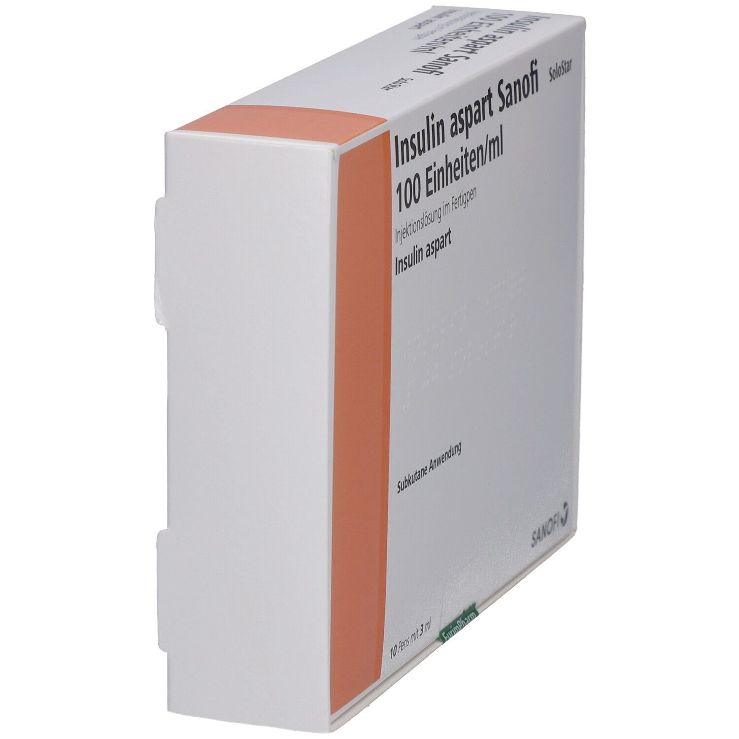 Seitenansicht der Insulin aspart Sanofi Verpackung. Aufschrift: 100 Einheiten/ml, SoloStar. Orangefarbener Akzent. 10 Pens mit 3 ml.