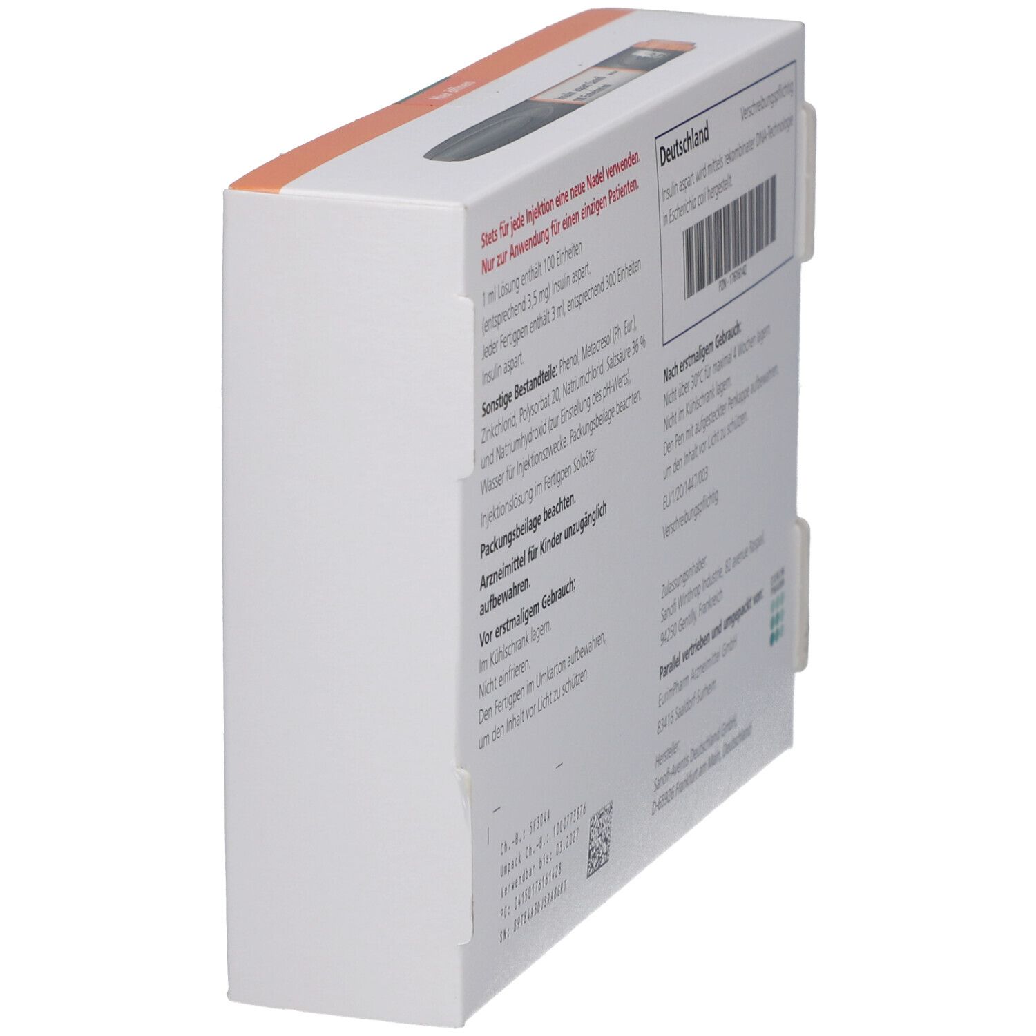 Seitenansicht der Rückseite der Insulin aspart Sanofi Verpackung. Text in Deutsch. Barcode und weitere Informationen.