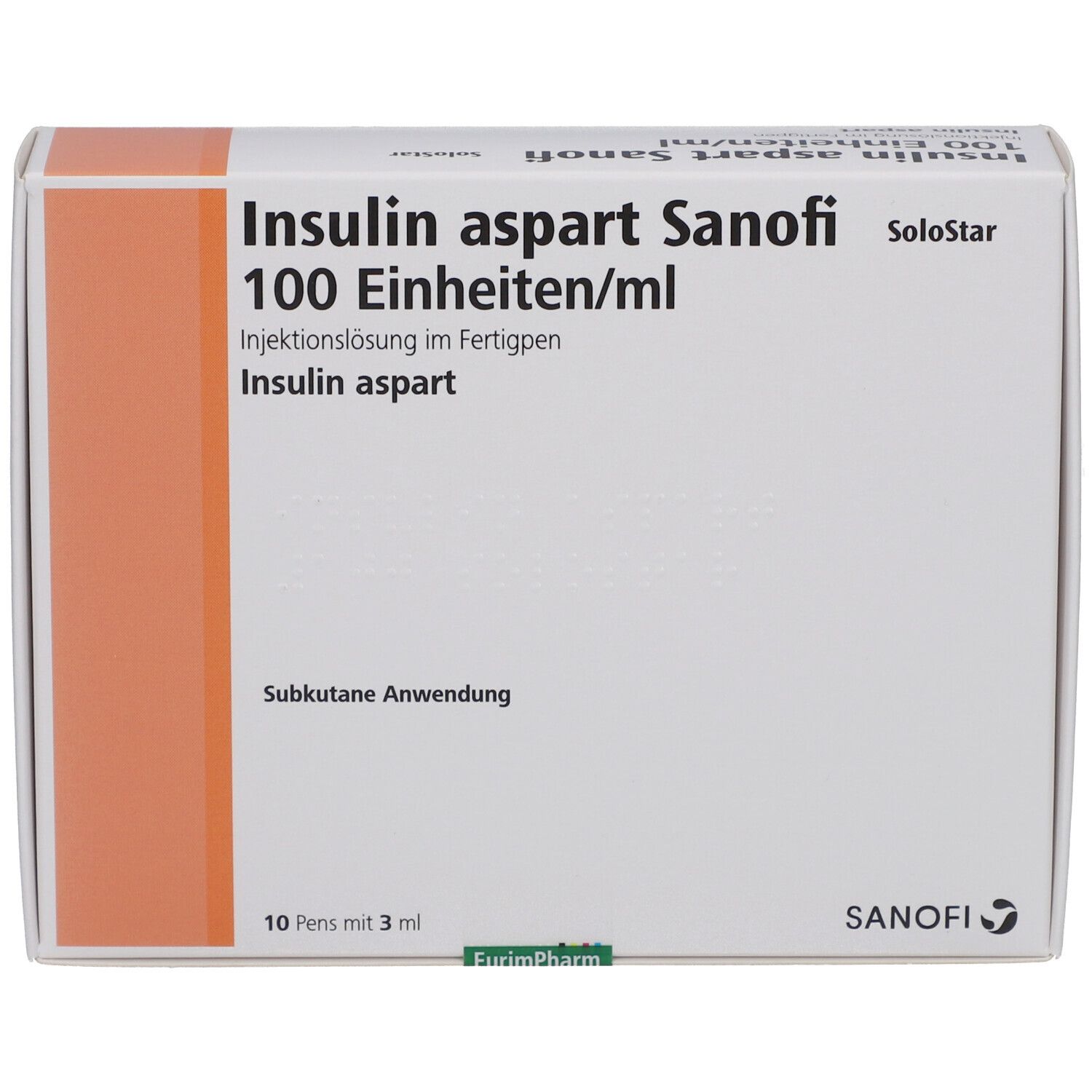Vorderansicht der Insulin aspart Sanofi Verpackung. Aufschrift: 100 Einheiten/ml, SoloStar. 10 Pens mit 3 ml. Sanofi Logo.