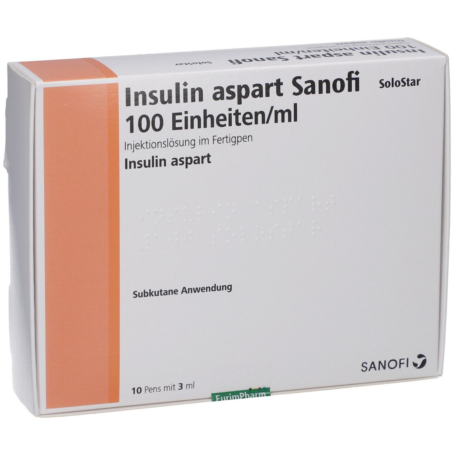 Vorderansicht der Insulin aspart Sanofi Verpackung. Aufschrift: 100 Einheiten/ml, SoloStar. 10 Pens mit 3 ml. Sanofi Logo.
