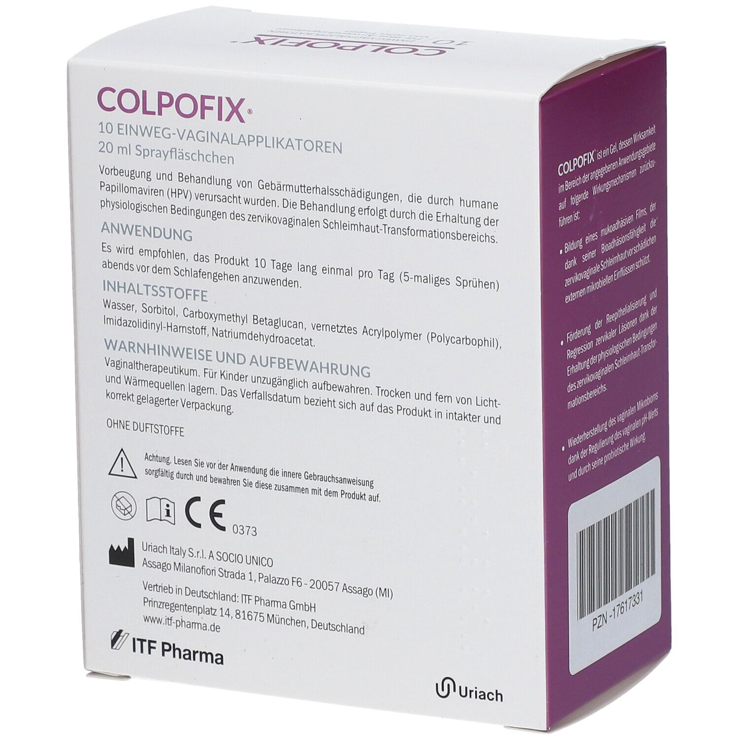 Karton mit COLPOFIX-Logo. Text: Einweg-Vaginalapplikatoren. 20 ml Sprayfläschchen. CE-Kennzeichnung. ITF Pharma Logo.