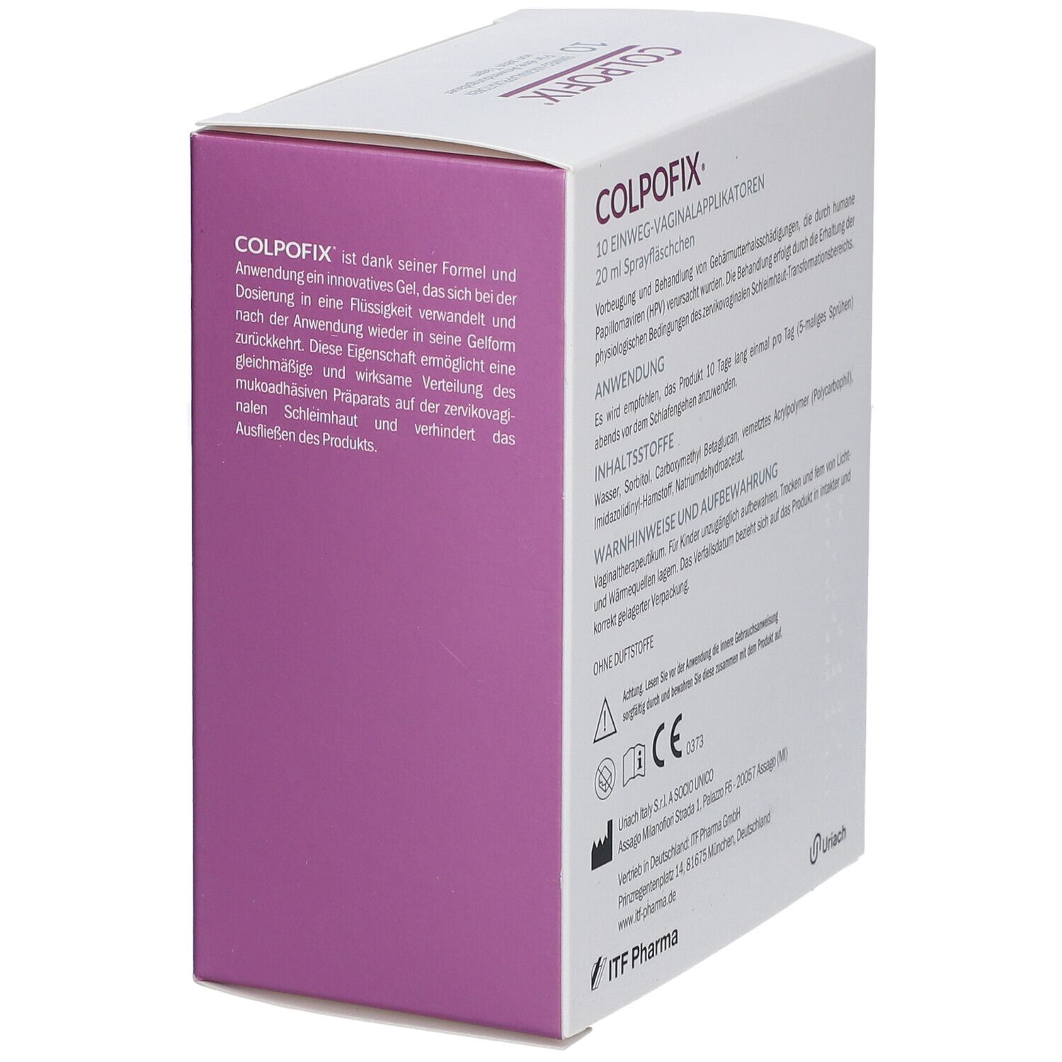 Karton mit COLPOFIX-Logo. Text: Einweg-Vaginalapplikatoren. 20 ml Sprayfläschchen. ITF Pharma Logo.