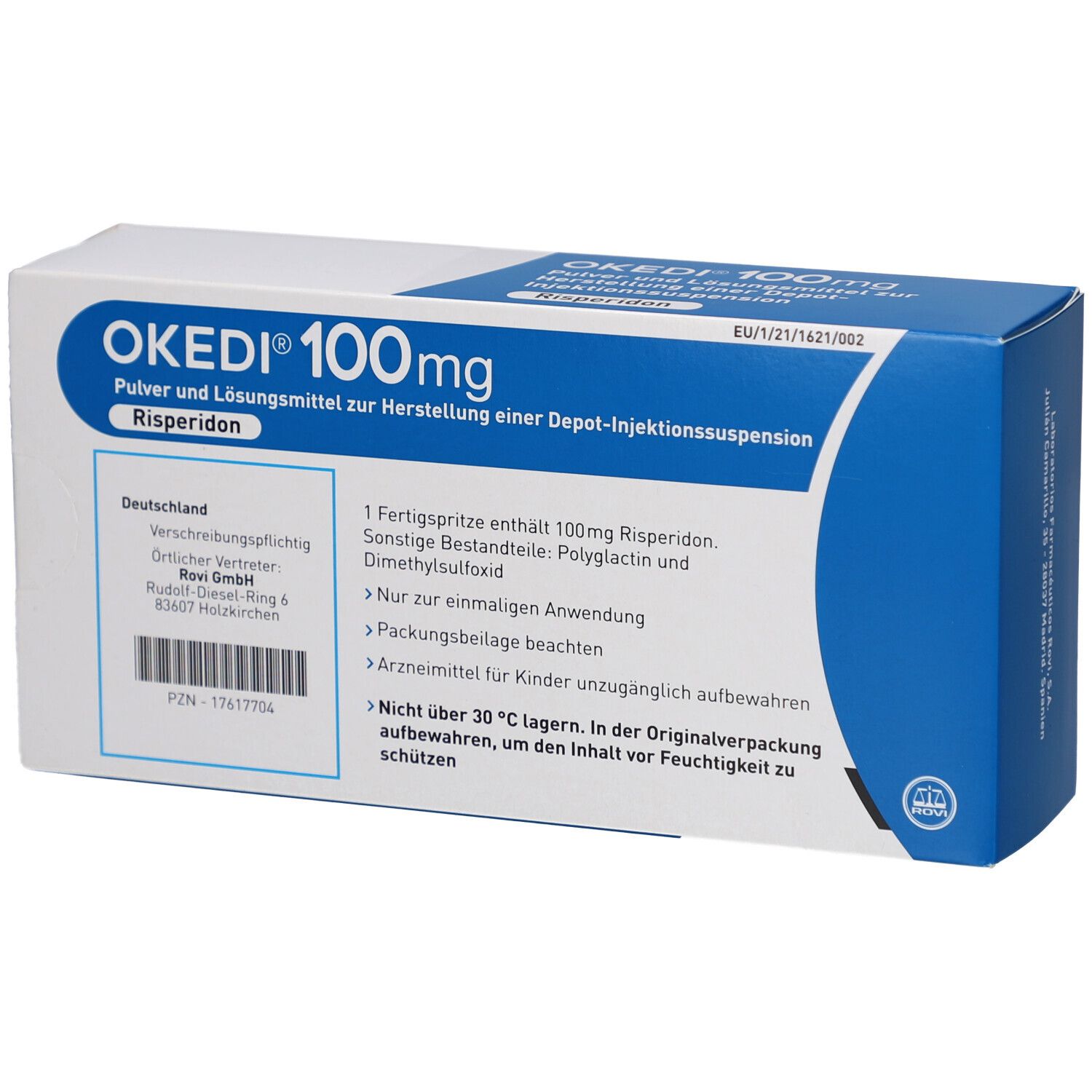 Blaue und weiße Faltschachtel mit OKEDI 100mg Aufschrift. Enthält Informationen zur Zusammensetzung und Anwendung.