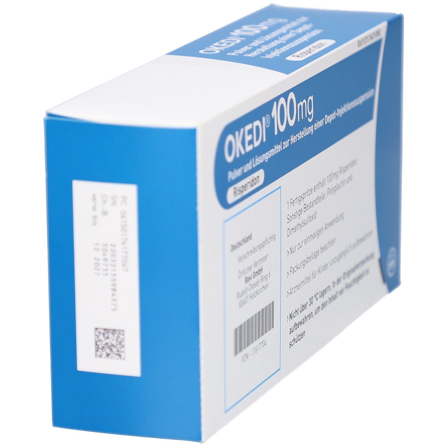 Blaue und weiße Faltschachtel mit OKEDI 100mg Aufschrift. Enthält Informationen zur Zusammensetzung und Anwendung.